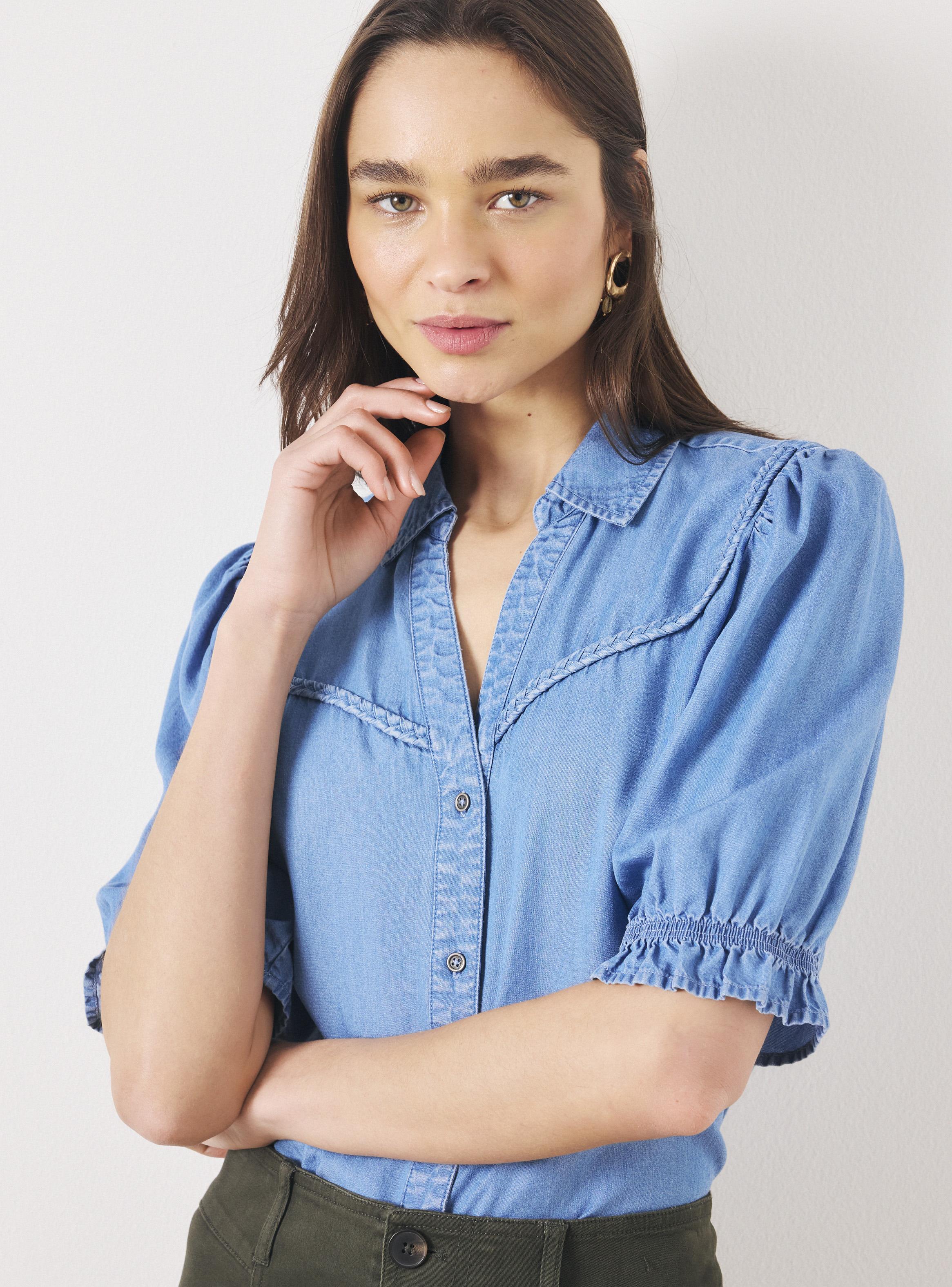 Blusa Mangas Abullonadas con Cuello Camisero y Trenza-2