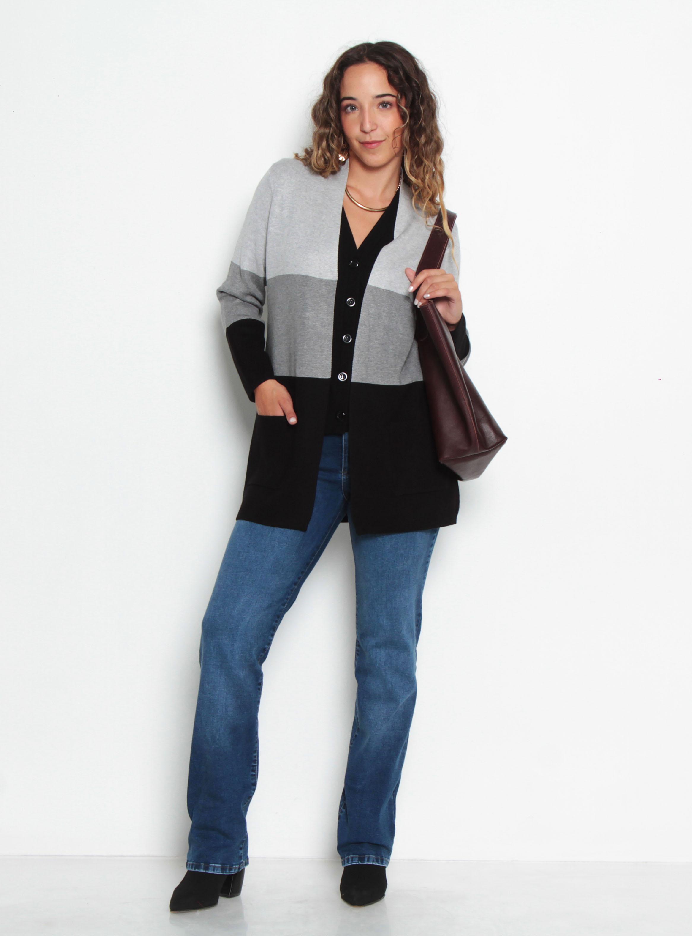 Chaleco Manga Larga Listado Ancho con Bolsillos C2-3