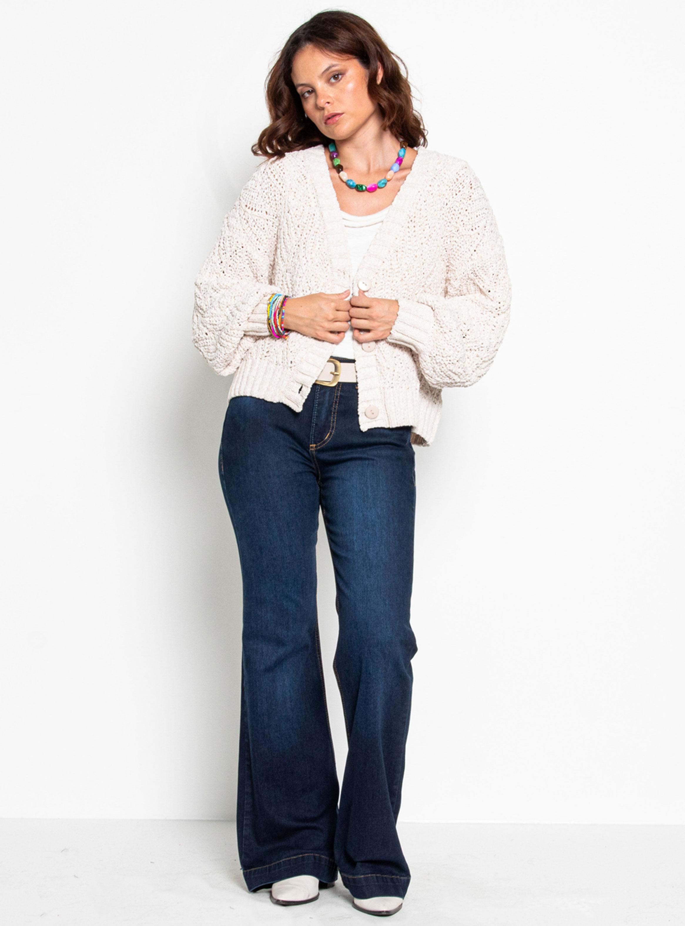 Chaleco Manga Larga Chenille Abotonada en Delantero-3