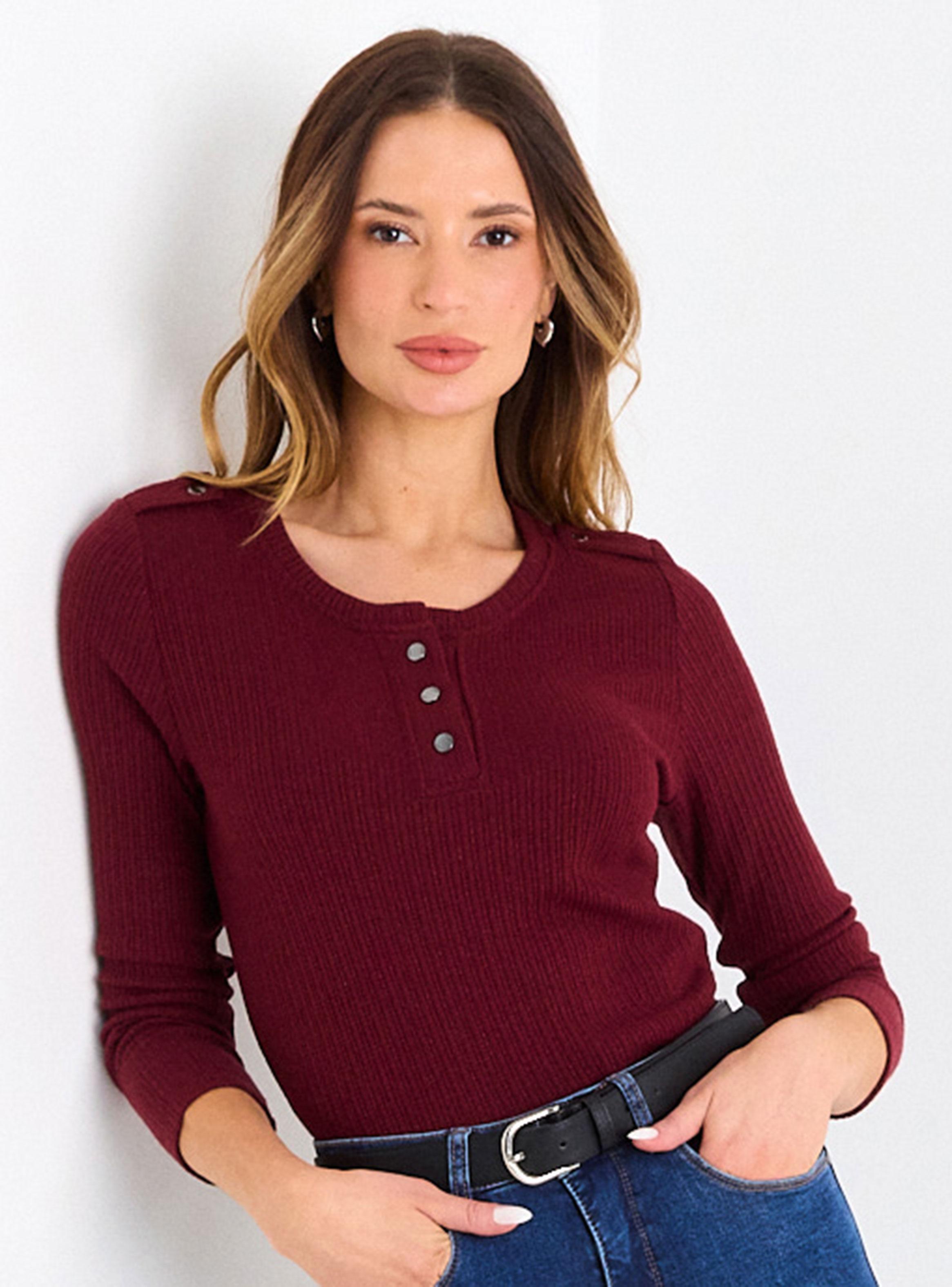 Polera Lisa Manga Larga Botón Detalle Hombro-0