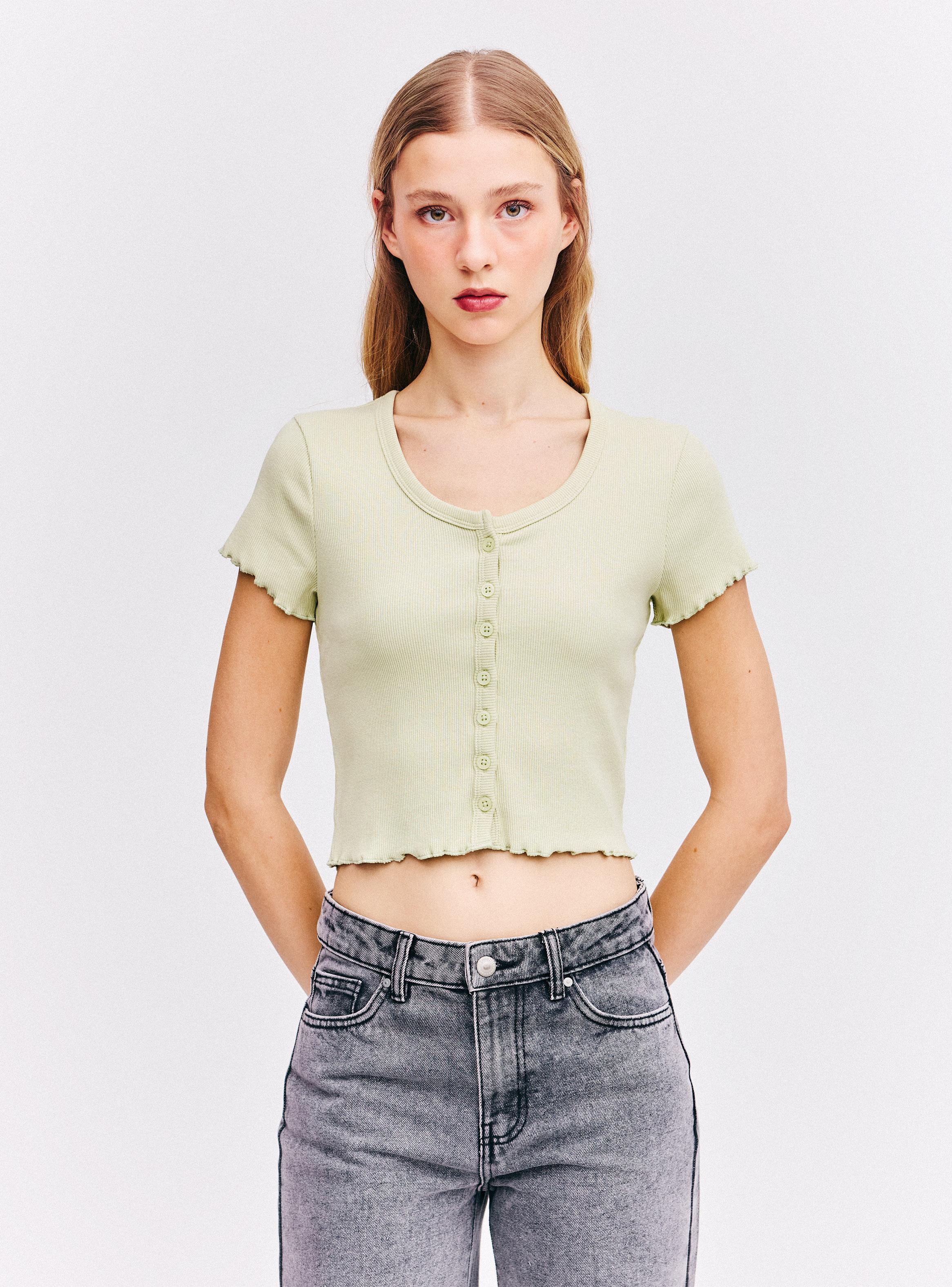 Polera Cropped Manga Corta Cuello Redondo con Botones-0