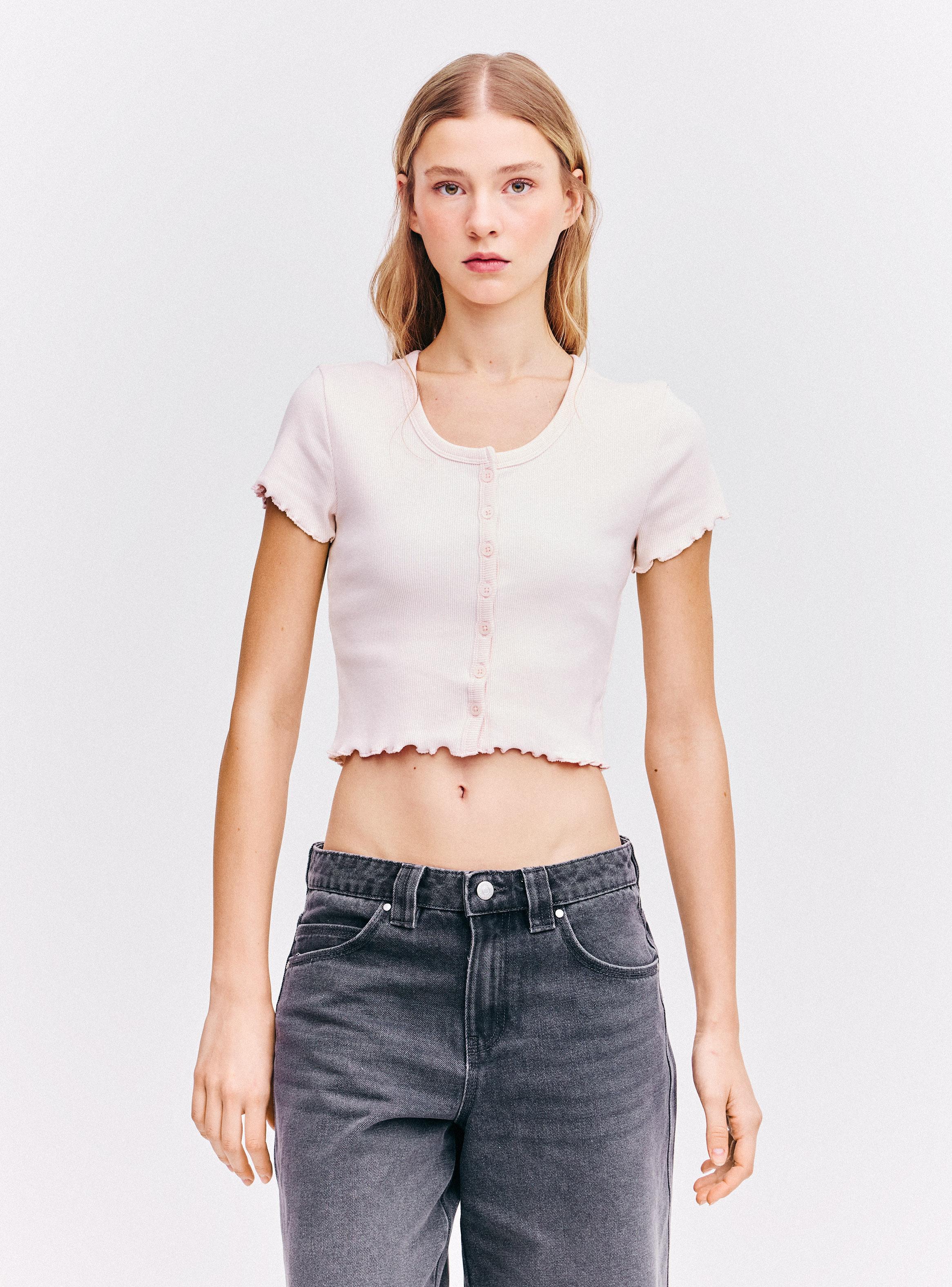 Polera Cropped Manga Corta Cuello Redondo con Botones-0