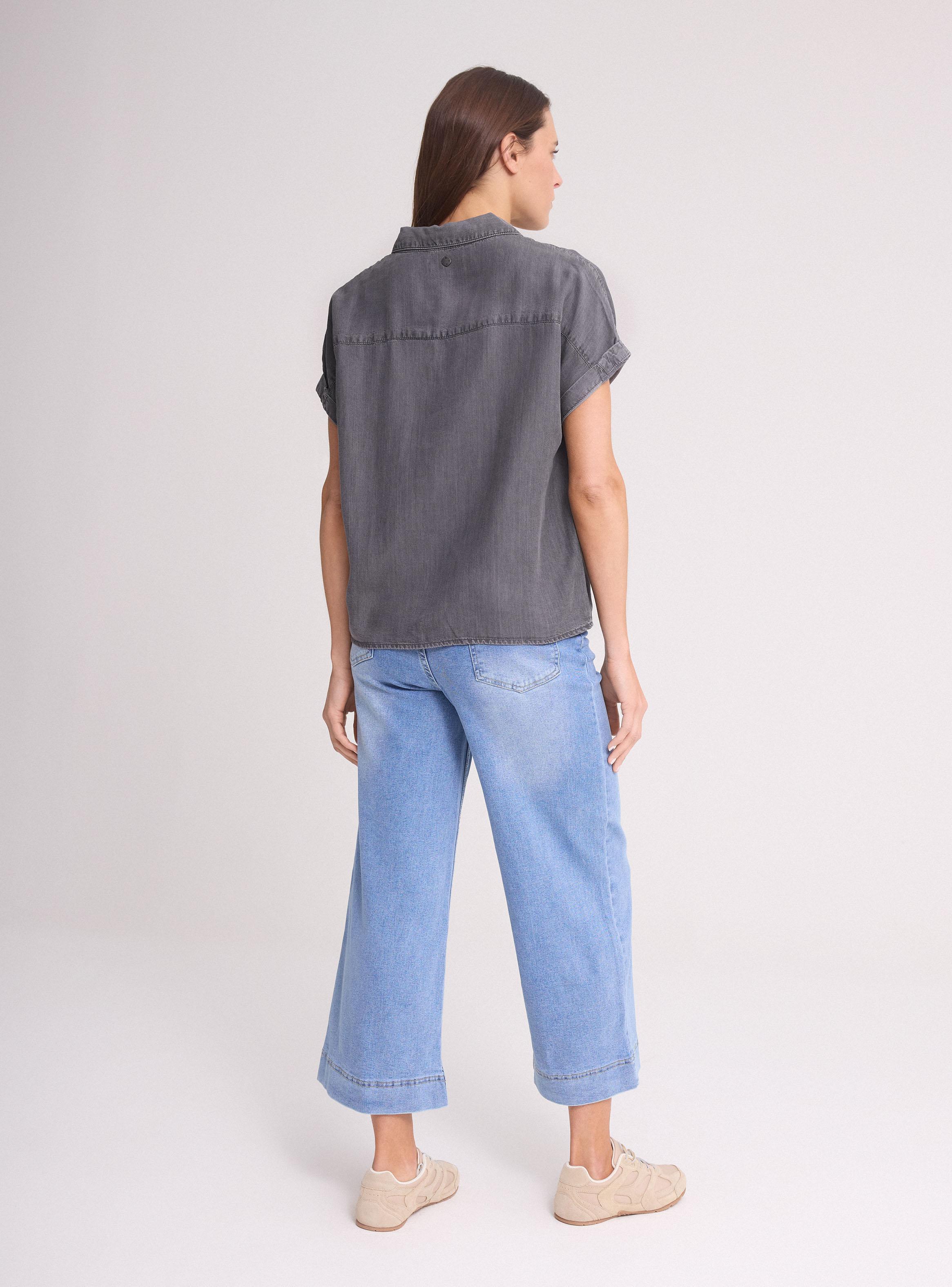 Blusa Denim Cuello Camisero Botón con Lazo-5