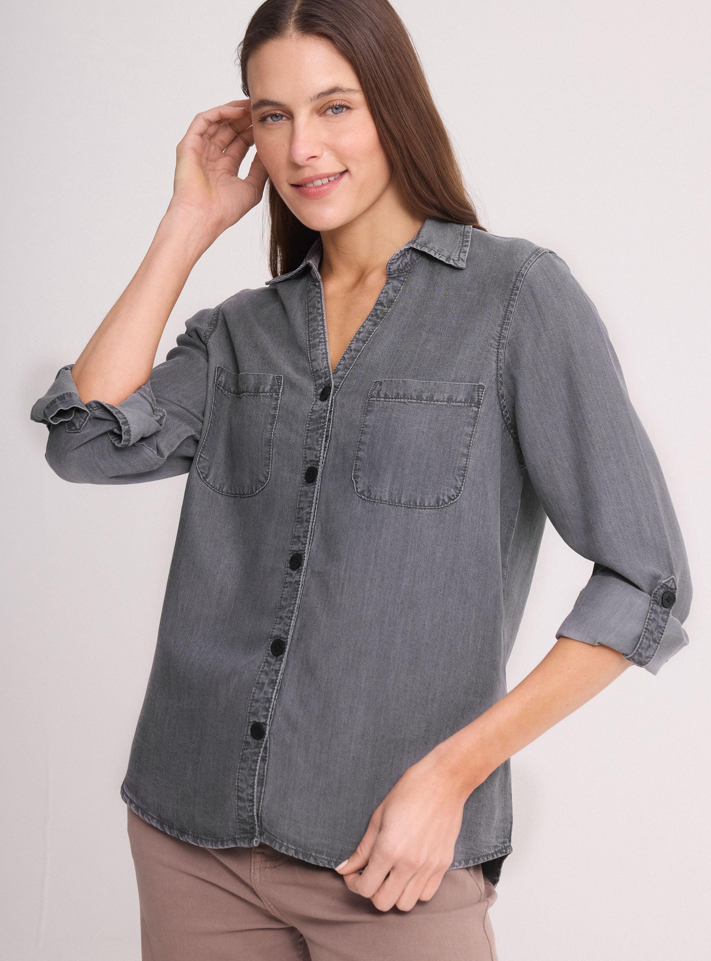 Blusa Denim Cuello Camisero con Botones y Bolsillos-2