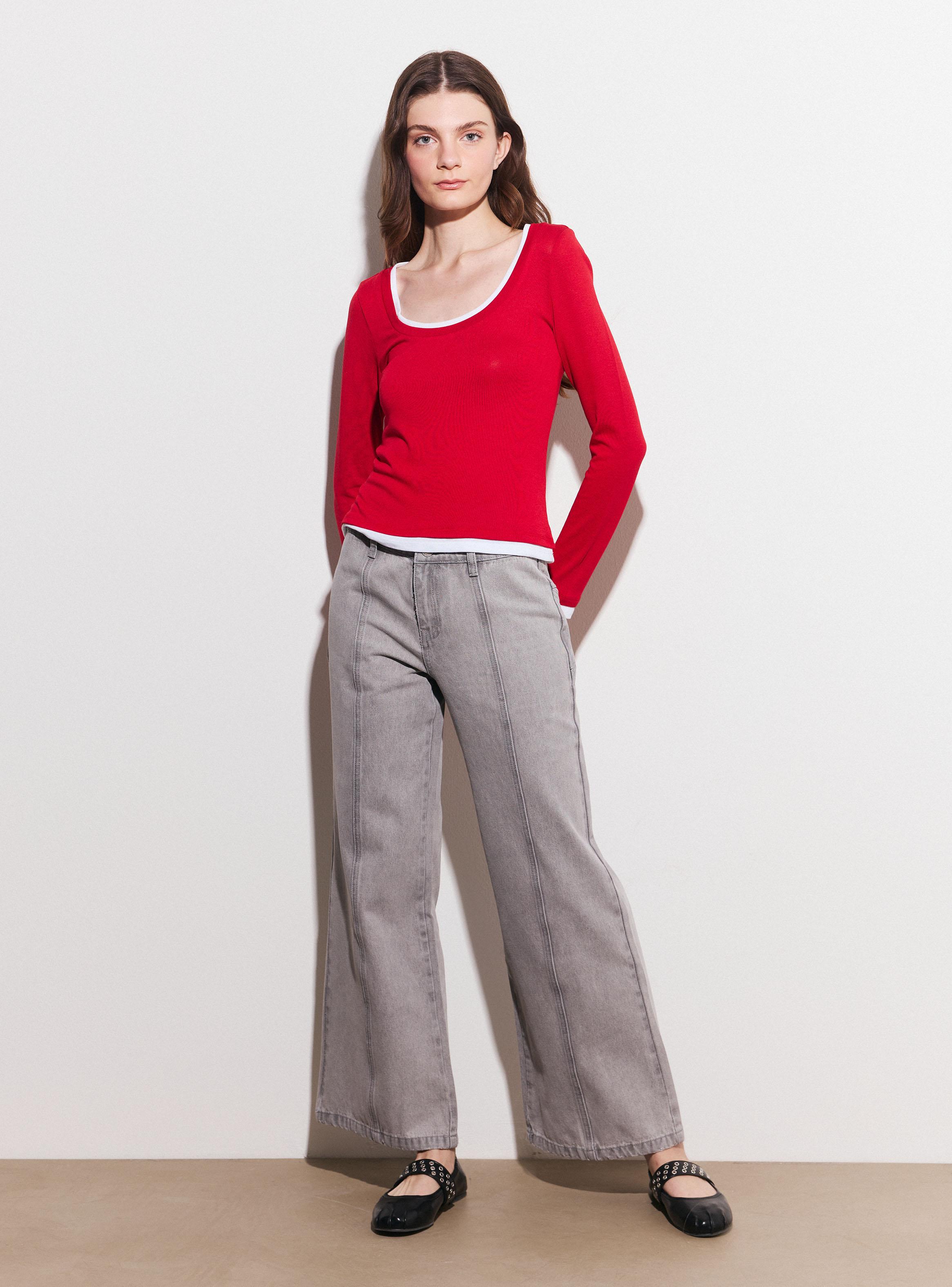 Jeans Wide Leg Alto con Costuras Decorativas-4
