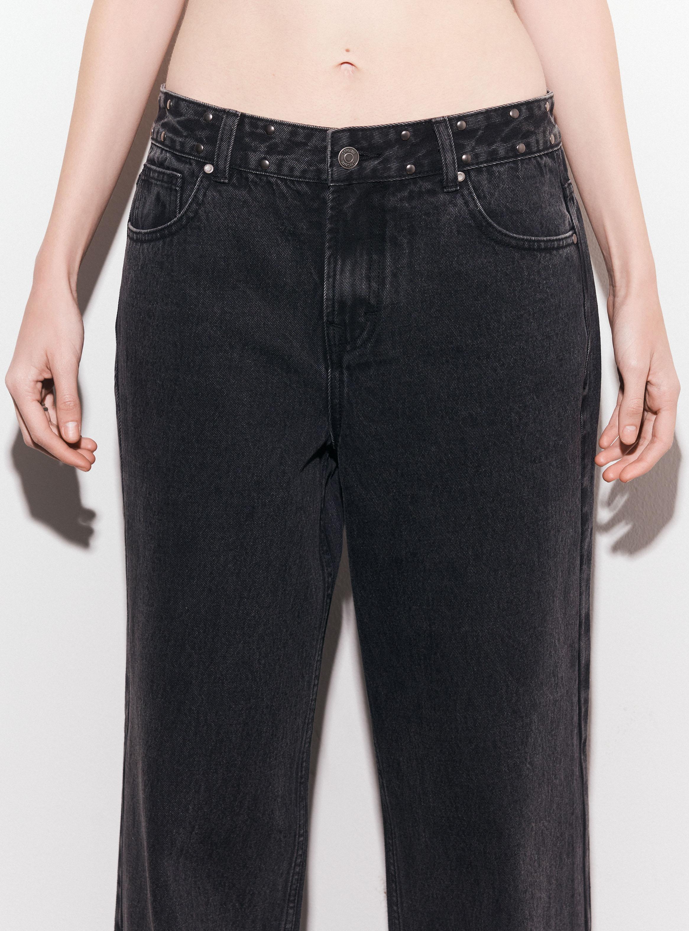 Jeans Wide Leg Alto con Lavado y Tachas en Cintura-2