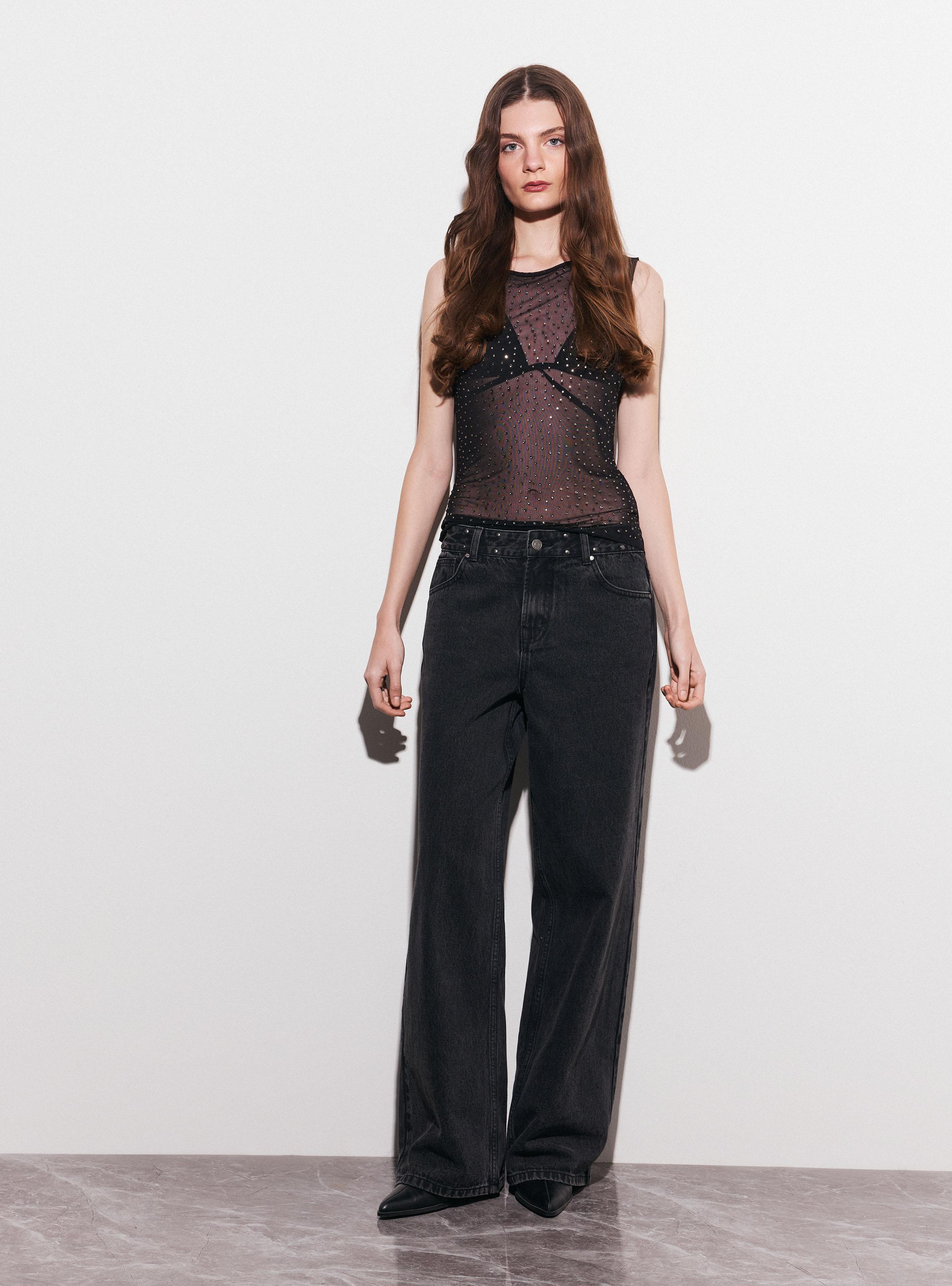 Jeans Wide Leg Alto con Lavado y Tachas en Cintura-4