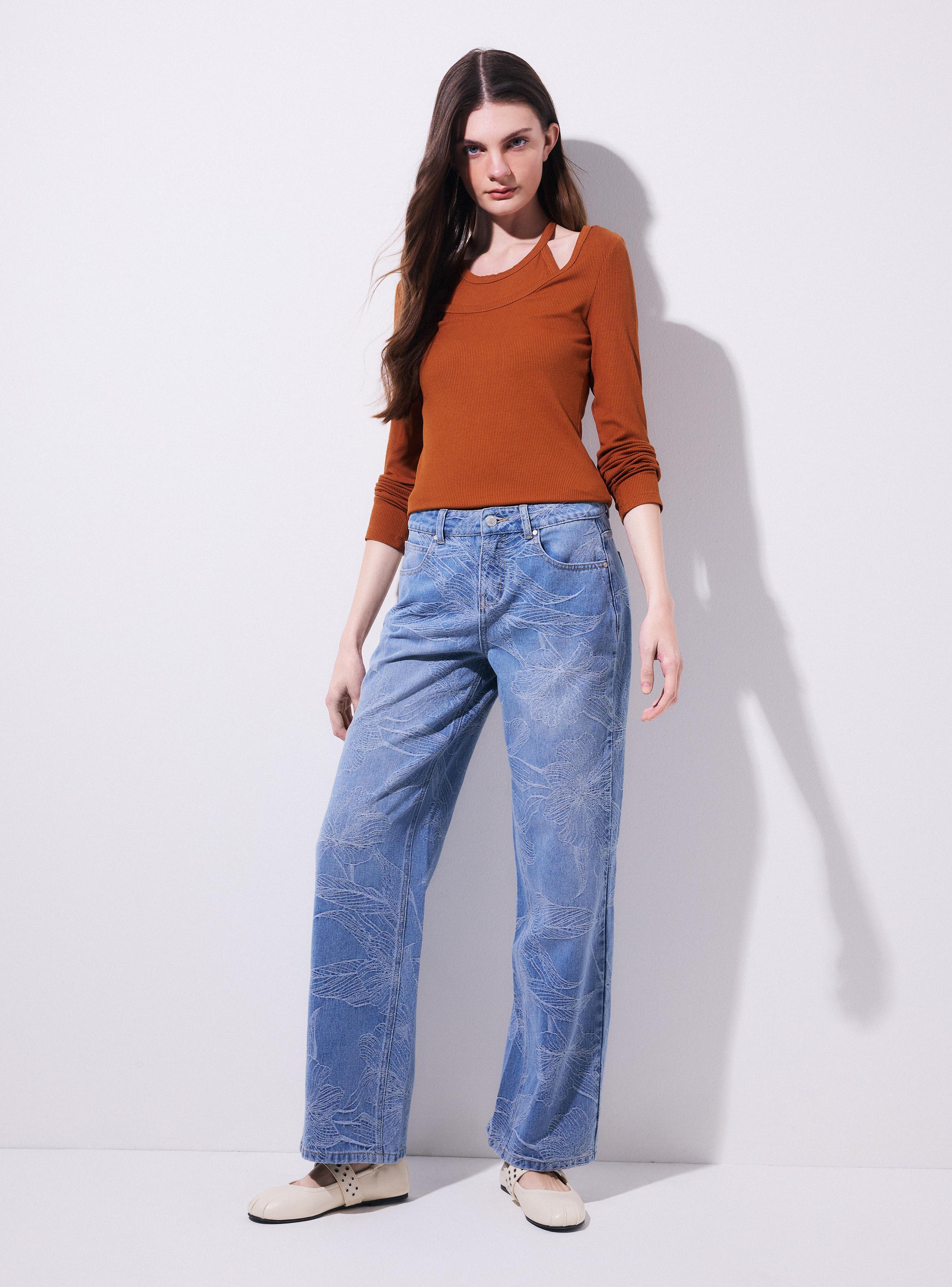 Jeans Baggy Tiro Medio con Motivo Floral-4