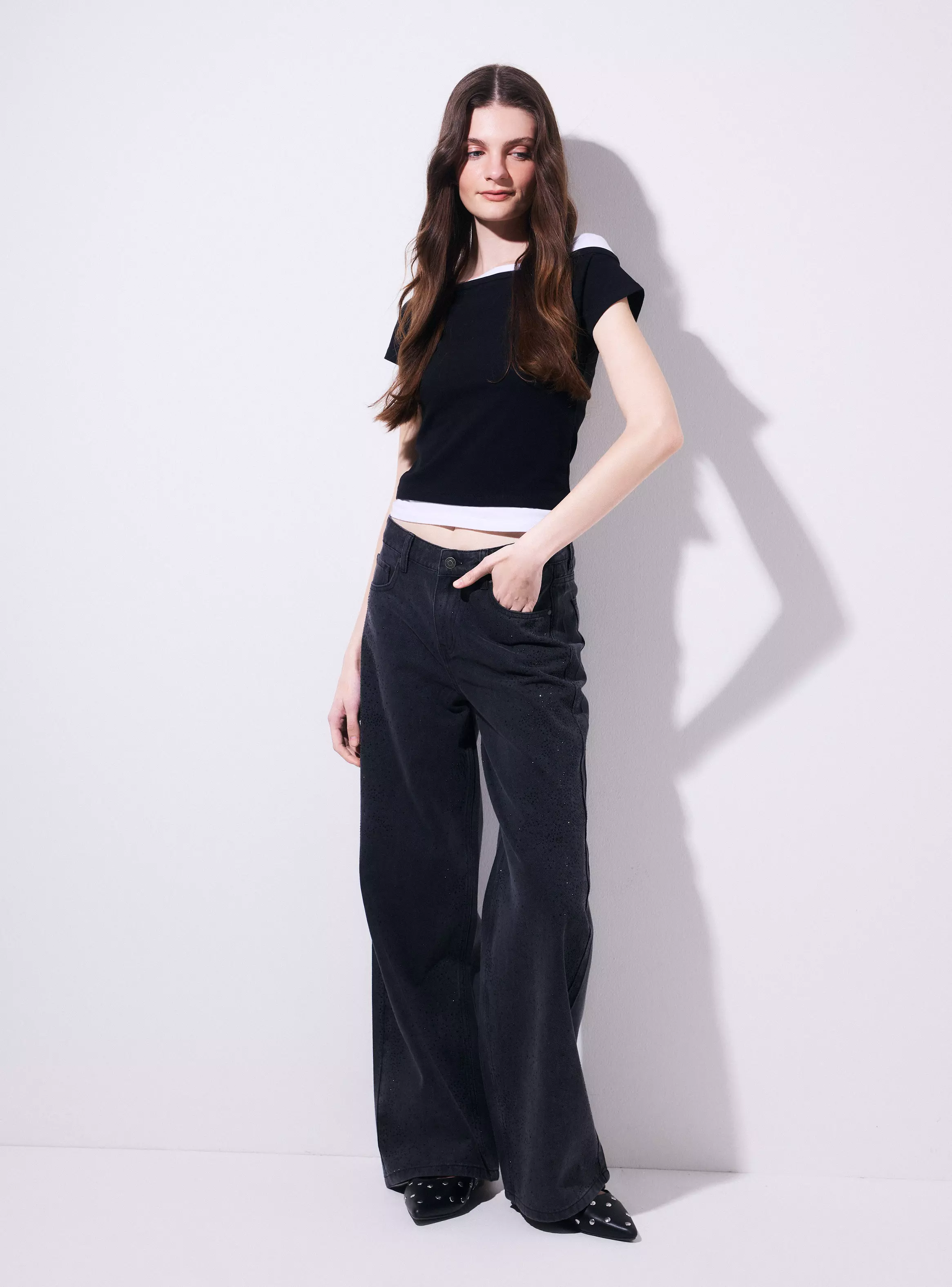 Jeans Baggy Tiro Medio con Brillos-4