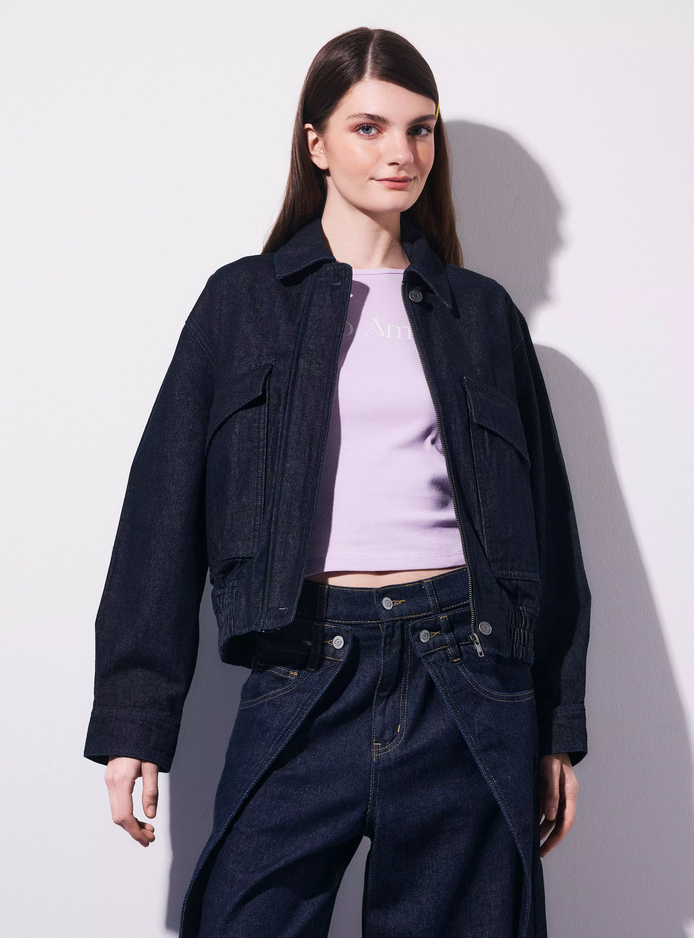 Chaqueta Denim Balloon con Cuello Camisero y Cierre-0