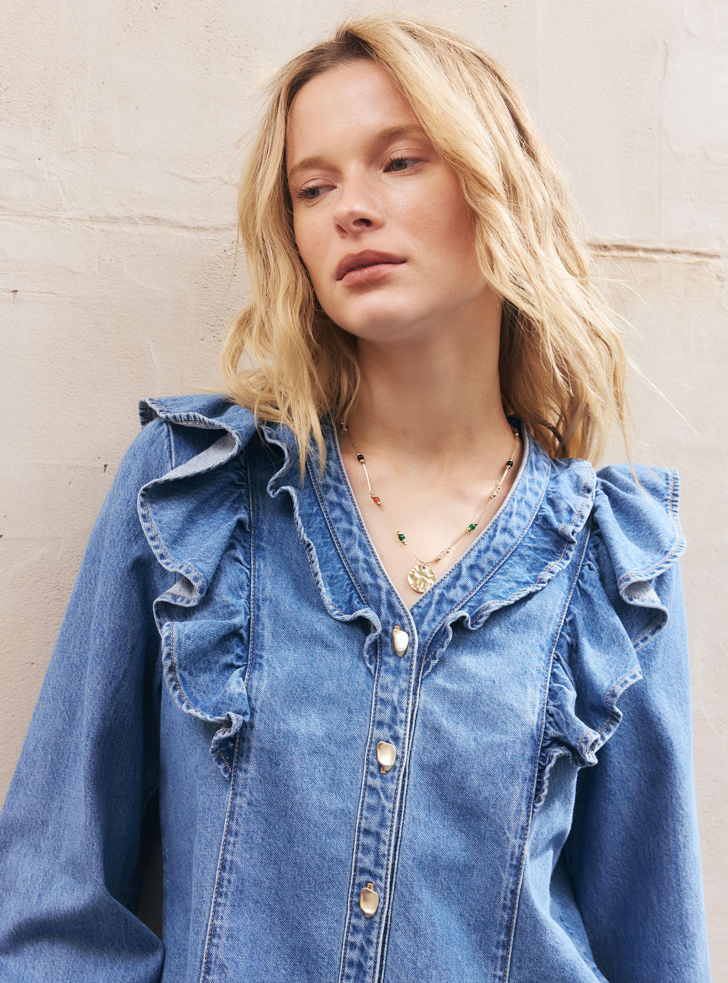 Blusa Denim Cuello V con Vuelos y Botones-3