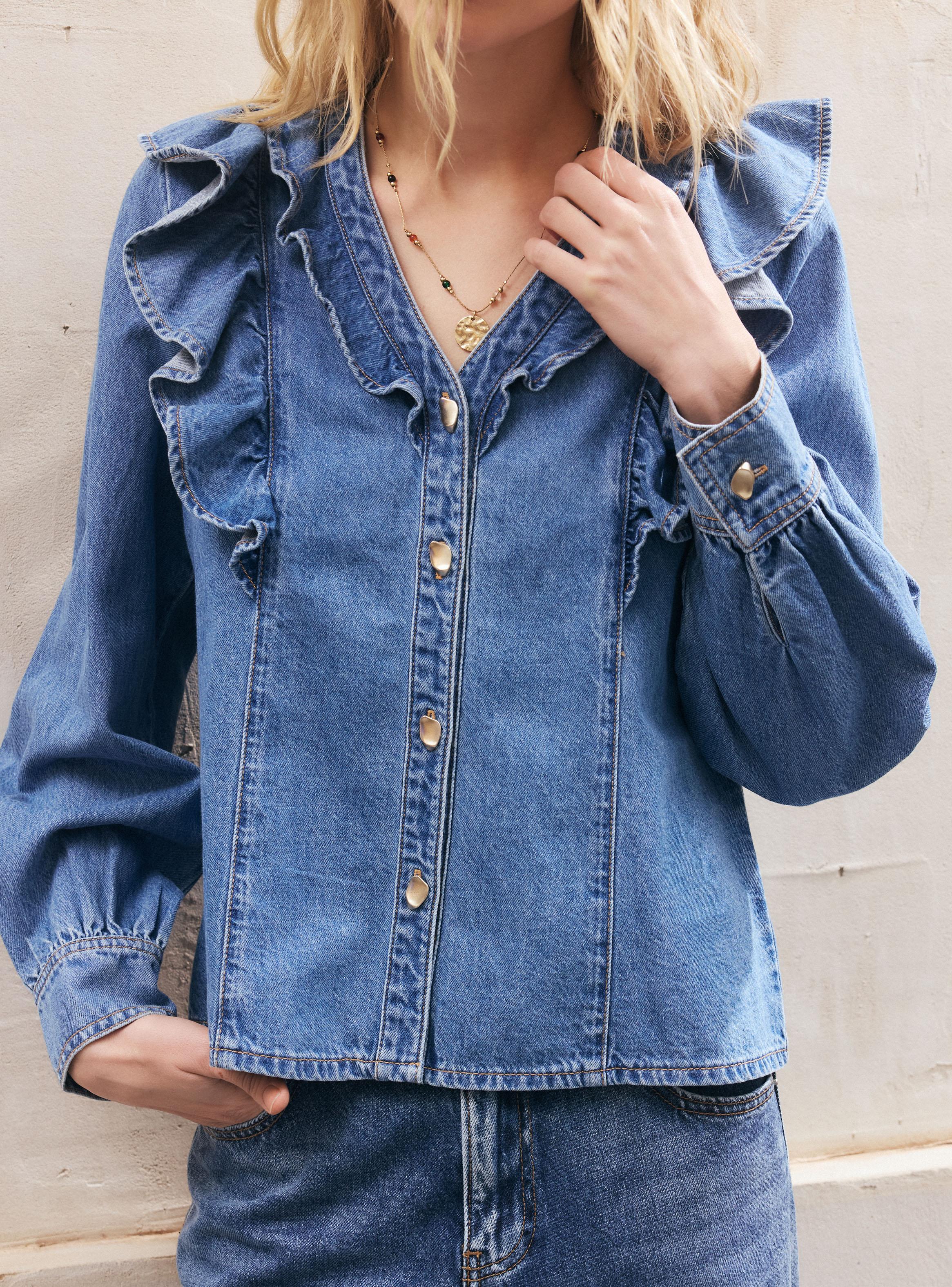 Blusa Denim Cuello V con Vuelos y Botones-2