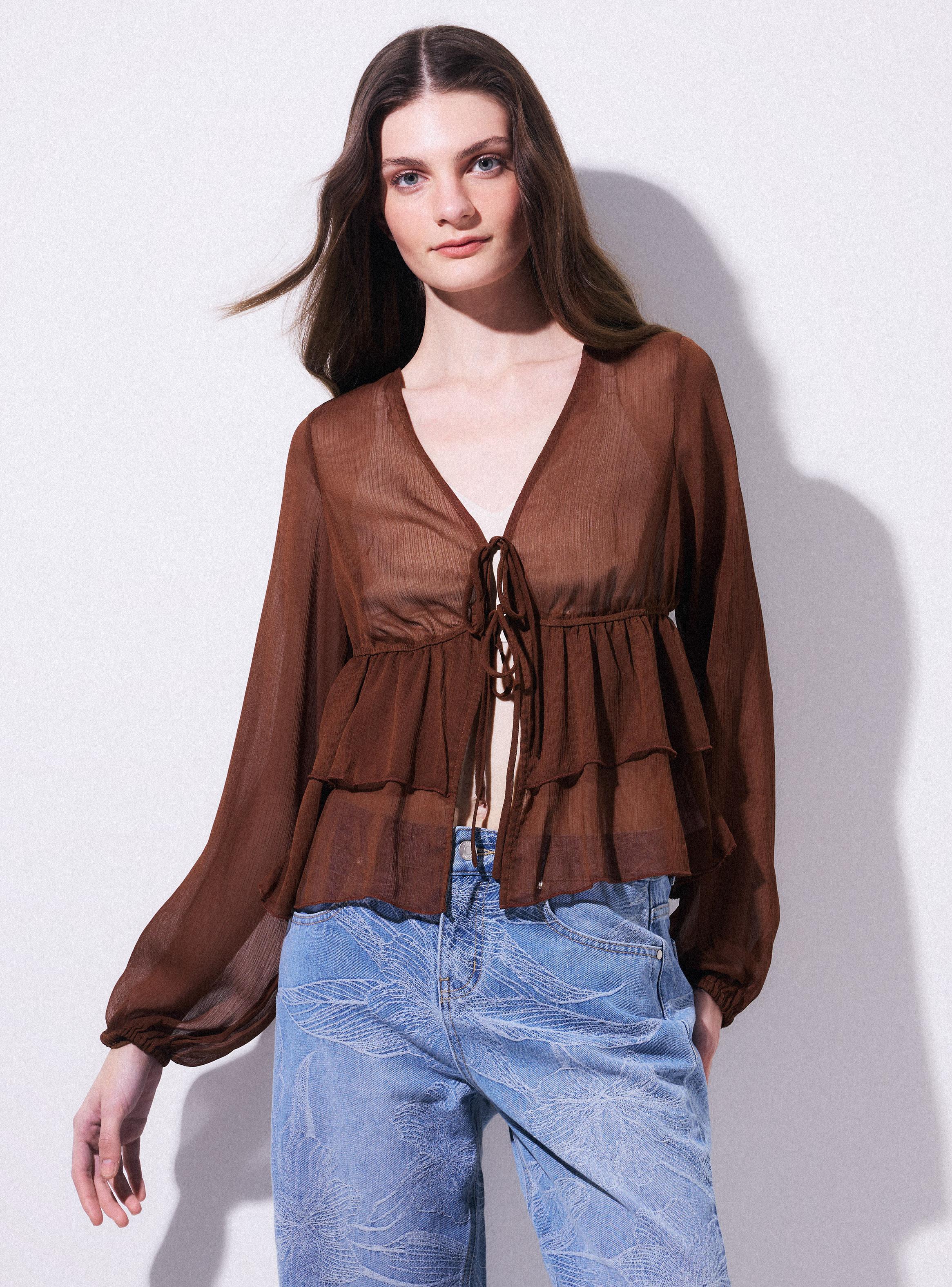 Blusa Cuello V con Lazo y Volantes-0