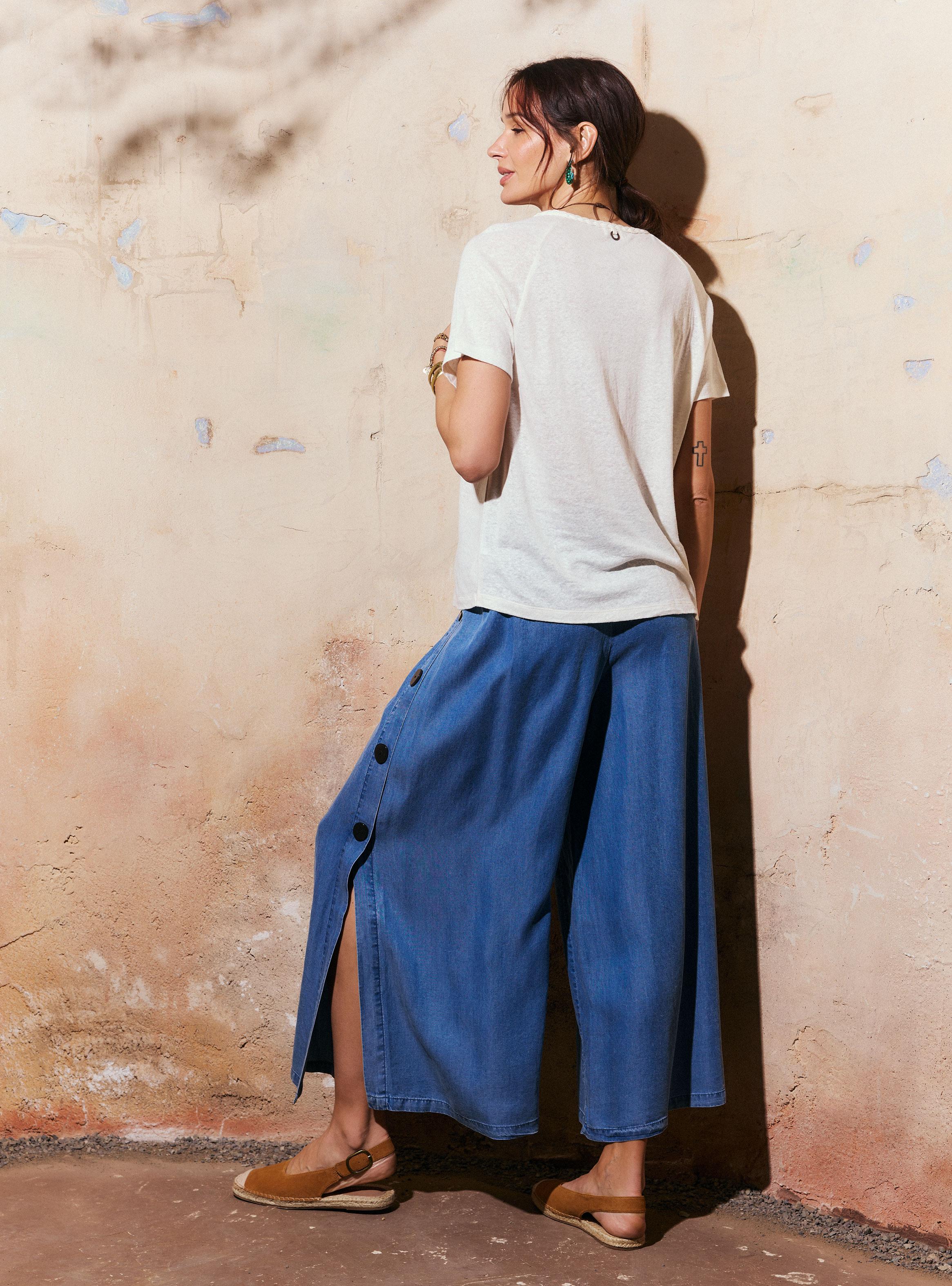 Pantalón Ancho Look Denim Botones a los Costados-5