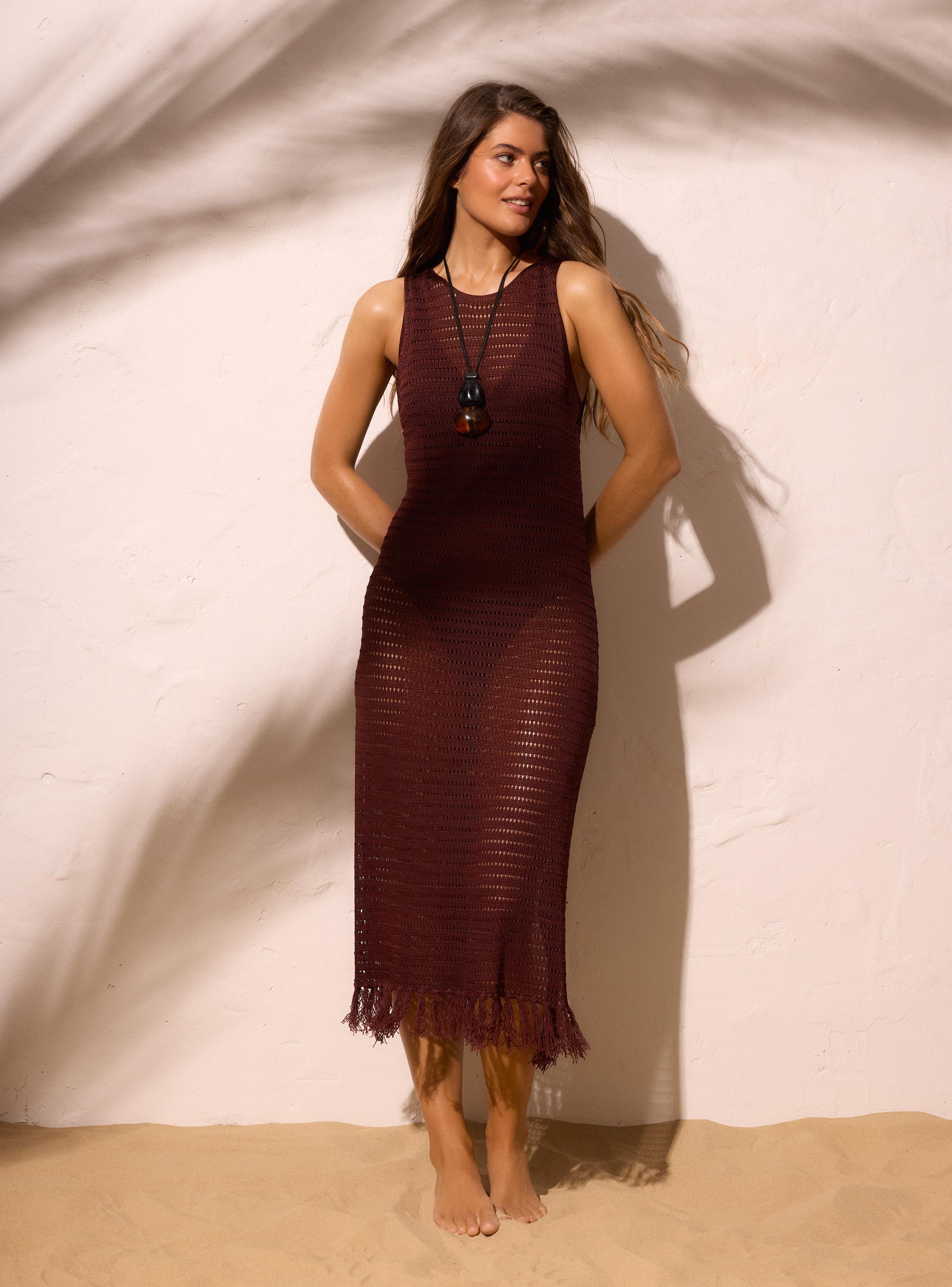 Vestido Tejido Calado con Detalle de Flecos-0