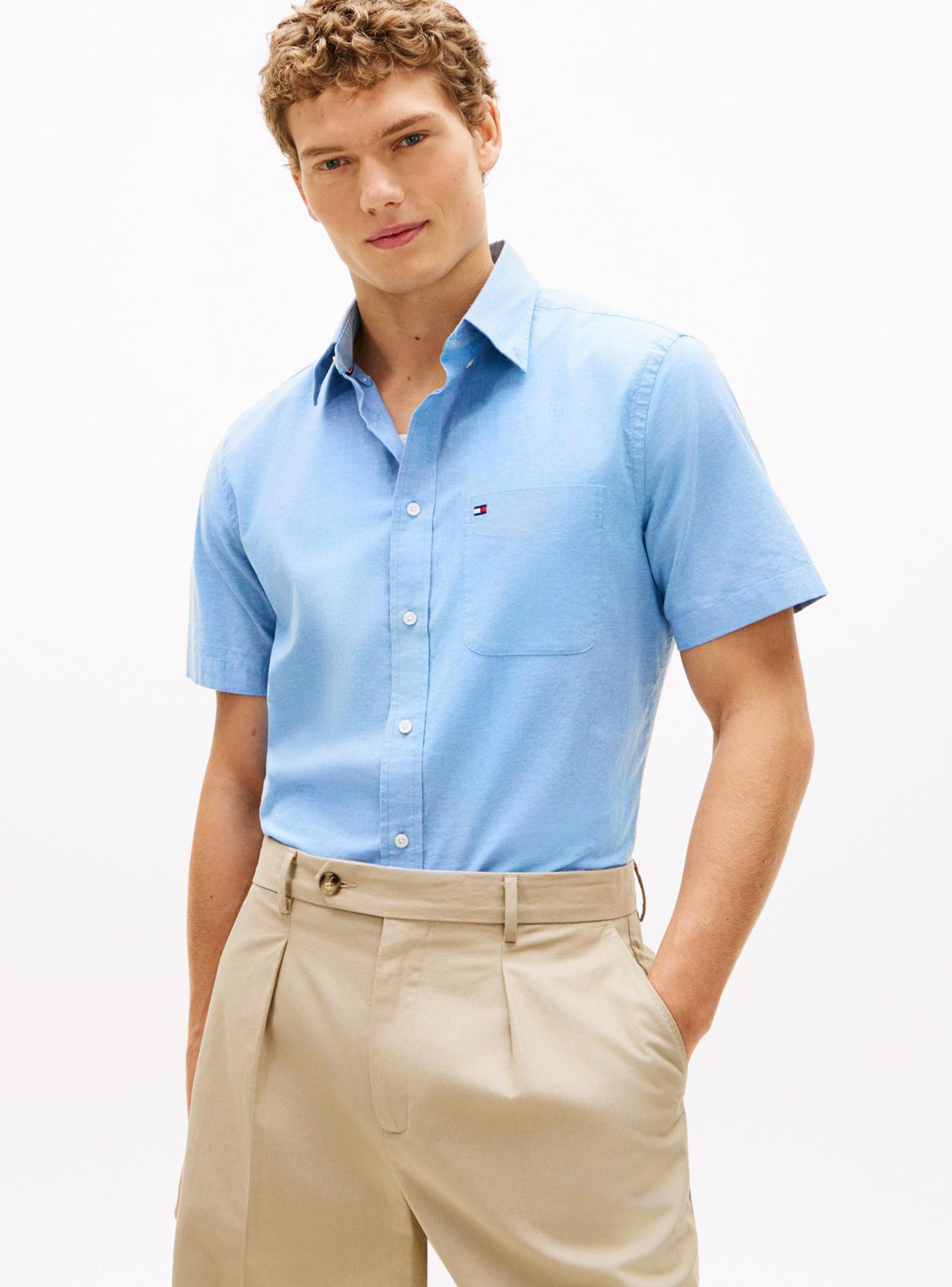 Camisa Manga Corta Algodón Oxford Sólida-0