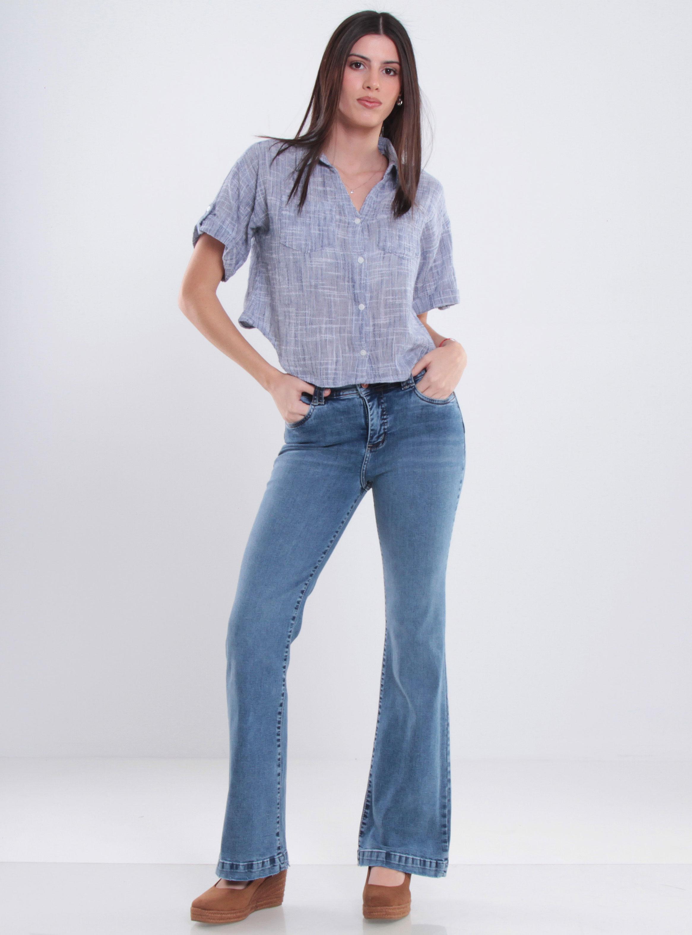 Jeans Tiro Alto Pretina Media Dos Botones Pierna Flare-3