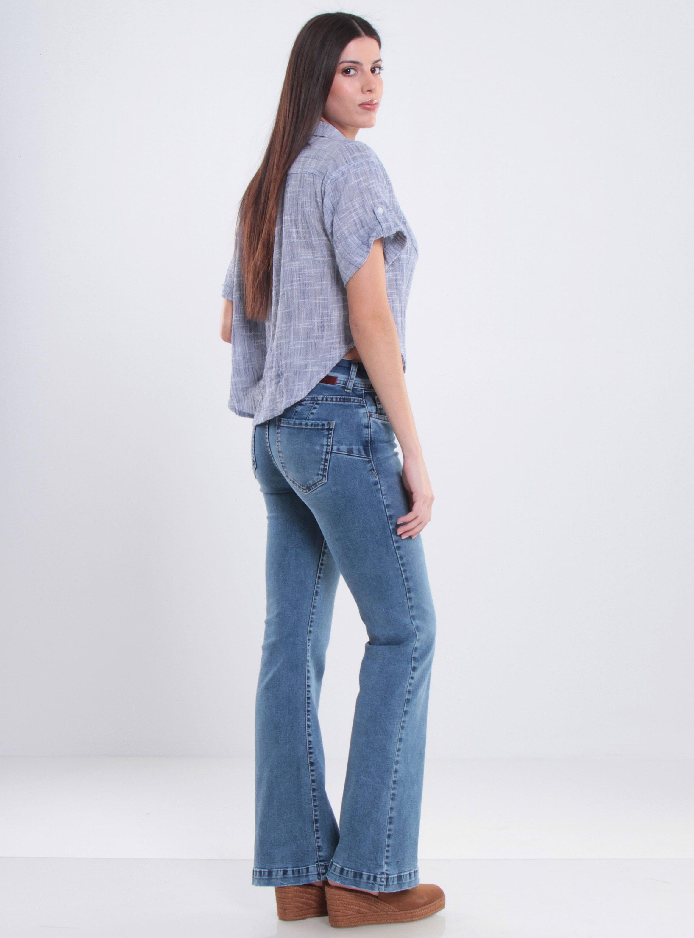 Jeans Tiro Alto Pretina Media Dos Botones Pierna Flare-4