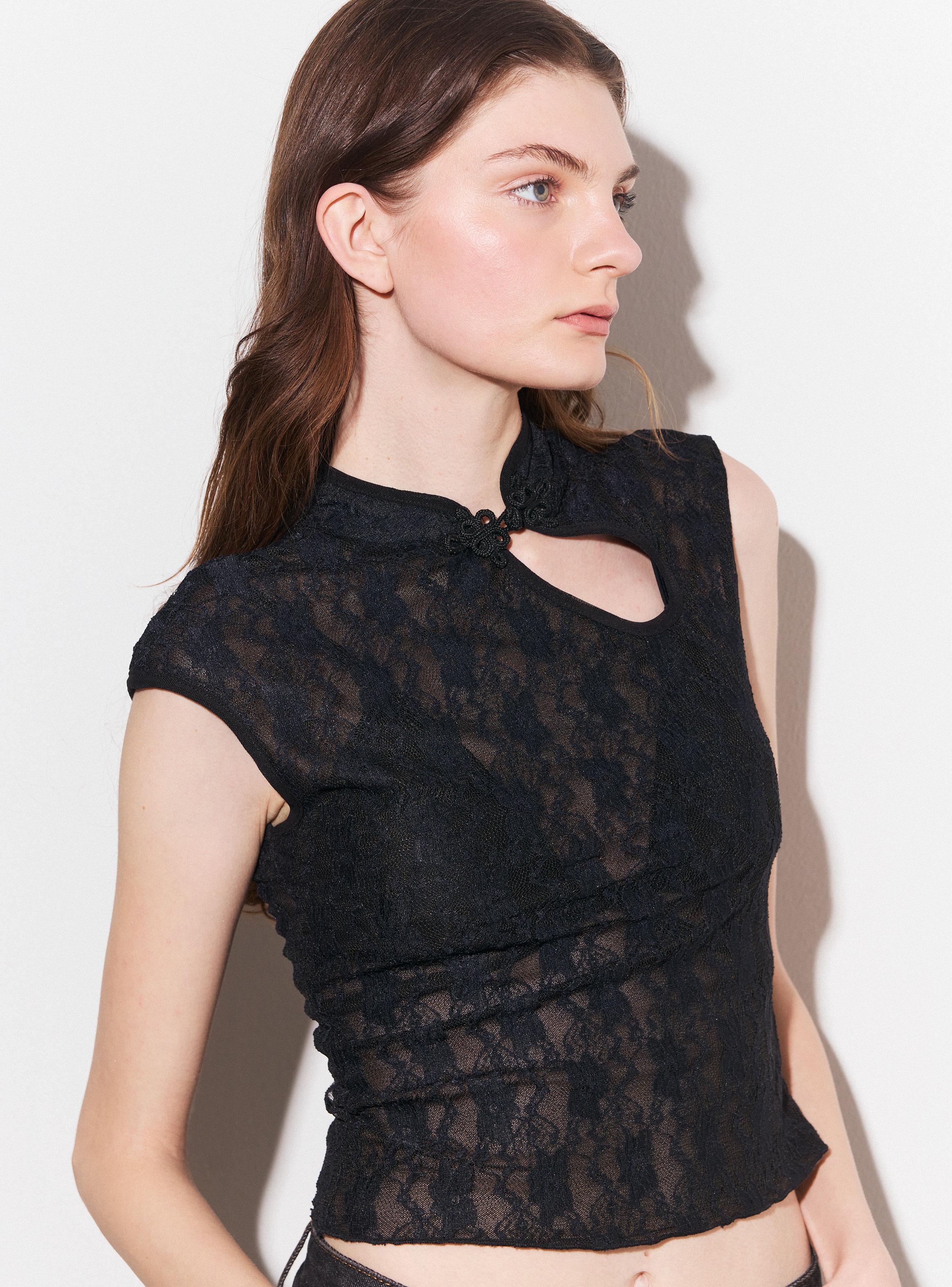 Polera Estilo Qipao Encaje sin Manga Cuello Alto-2