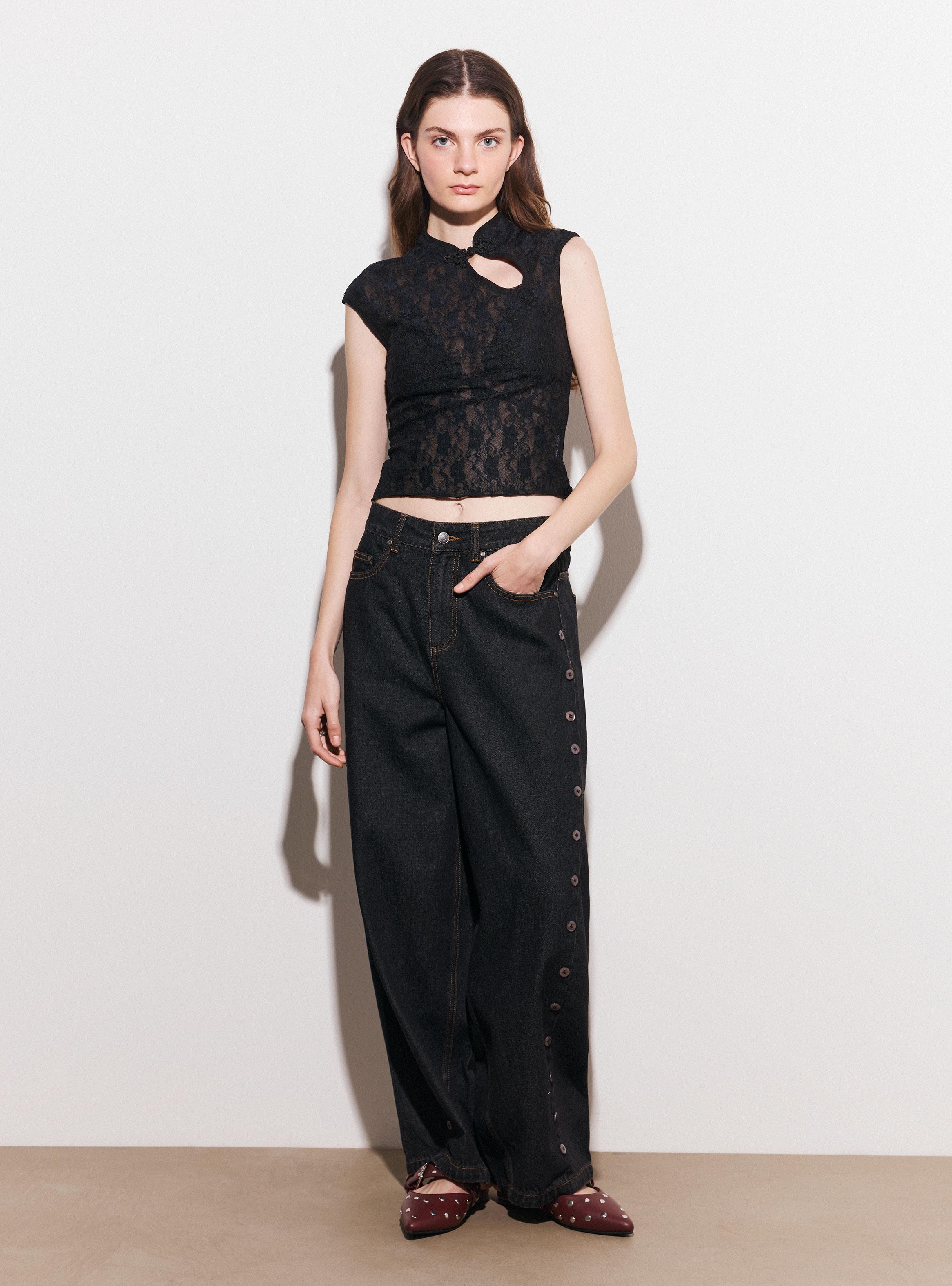 Polera Estilo Qipao Encaje sin Manga Cuello Alto-4