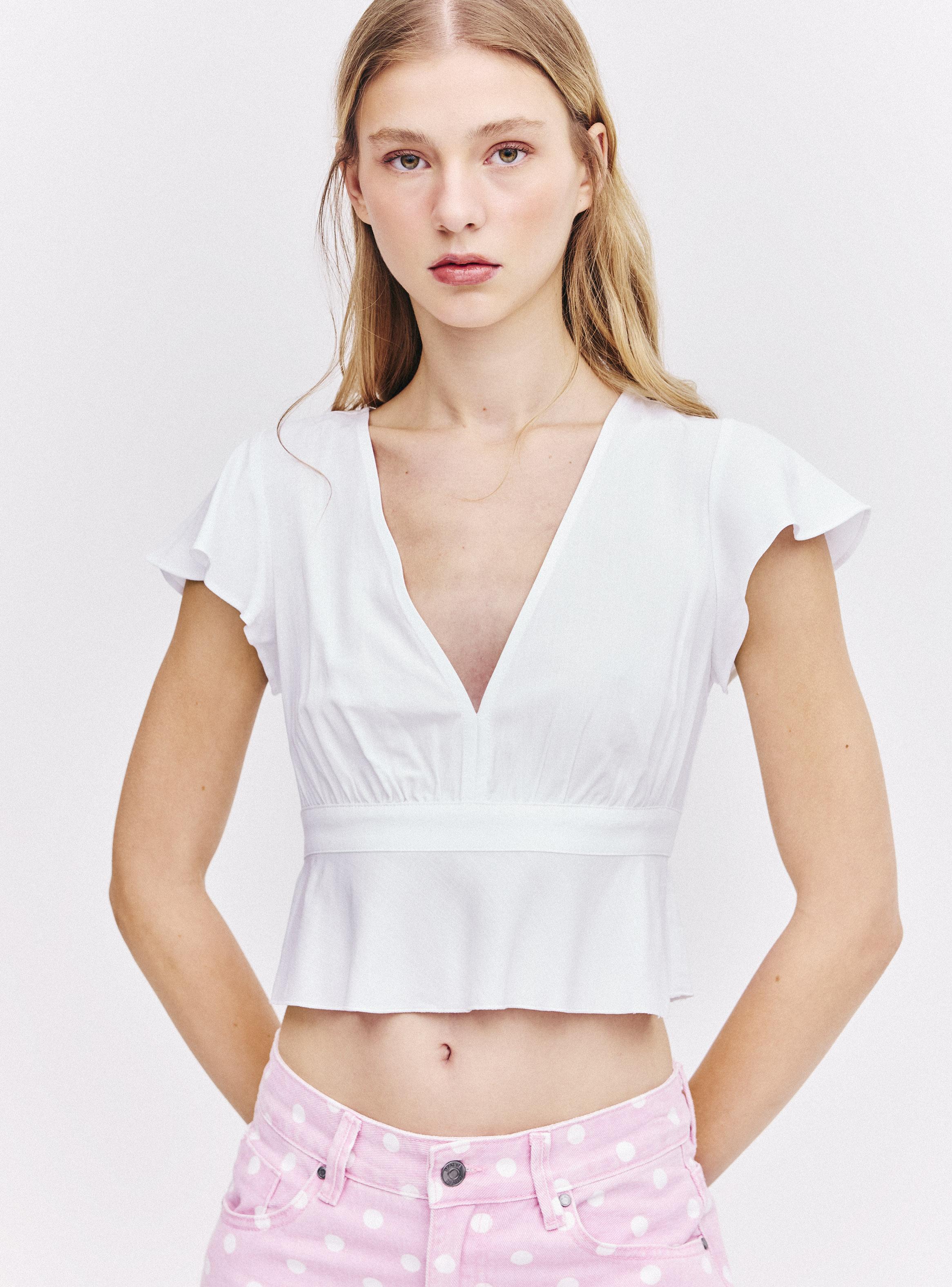 Blusa Escote V Profundo Mangas Volantes Lazo Espalda-2