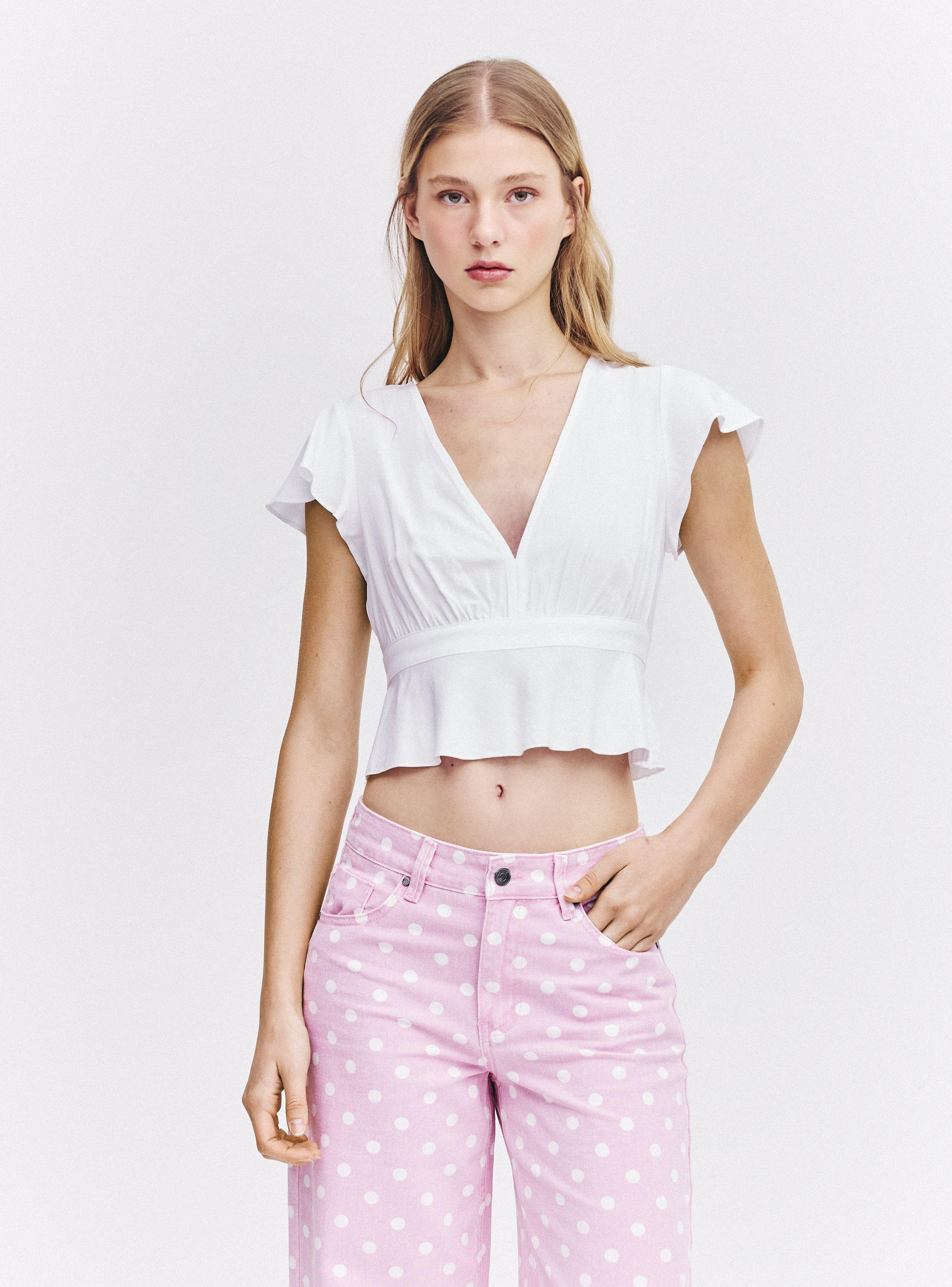 Blusa Escote V Profundo Mangas Volantes Lazo Espalda-0