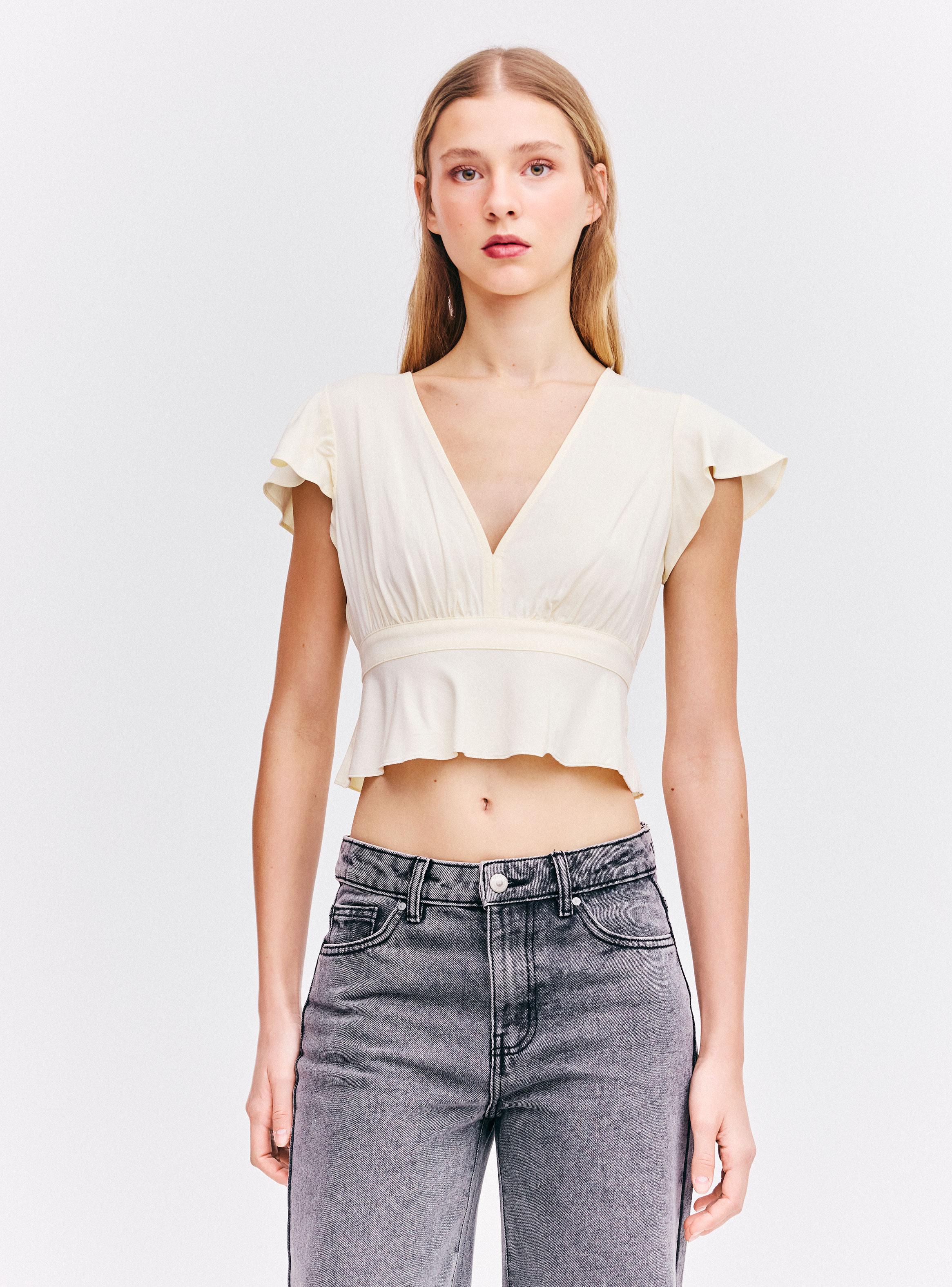 Blusa Escote V Profundo Mangas Volantes Lazo Espalda-0