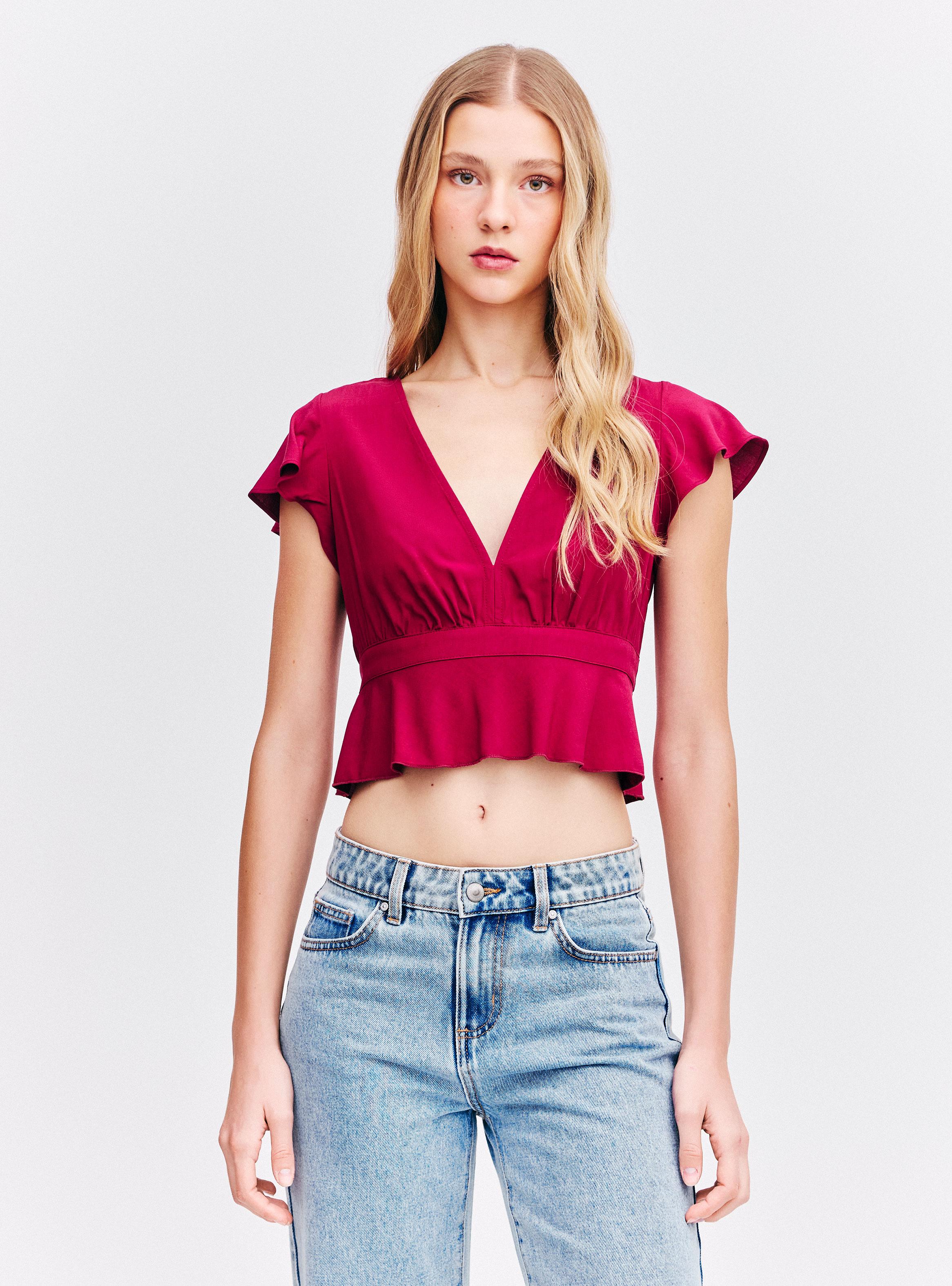 Blusa Escote V Profundo Mangas Volantes Lazo Espalda-0