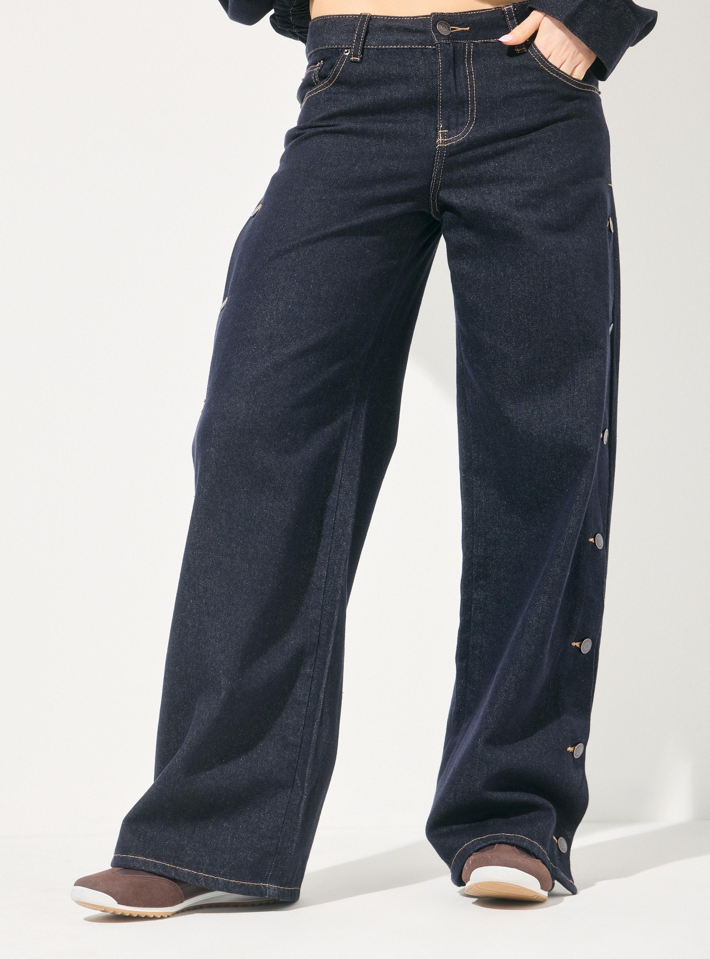 Jeans Wide Leg Alto con Botones Laterales-0
