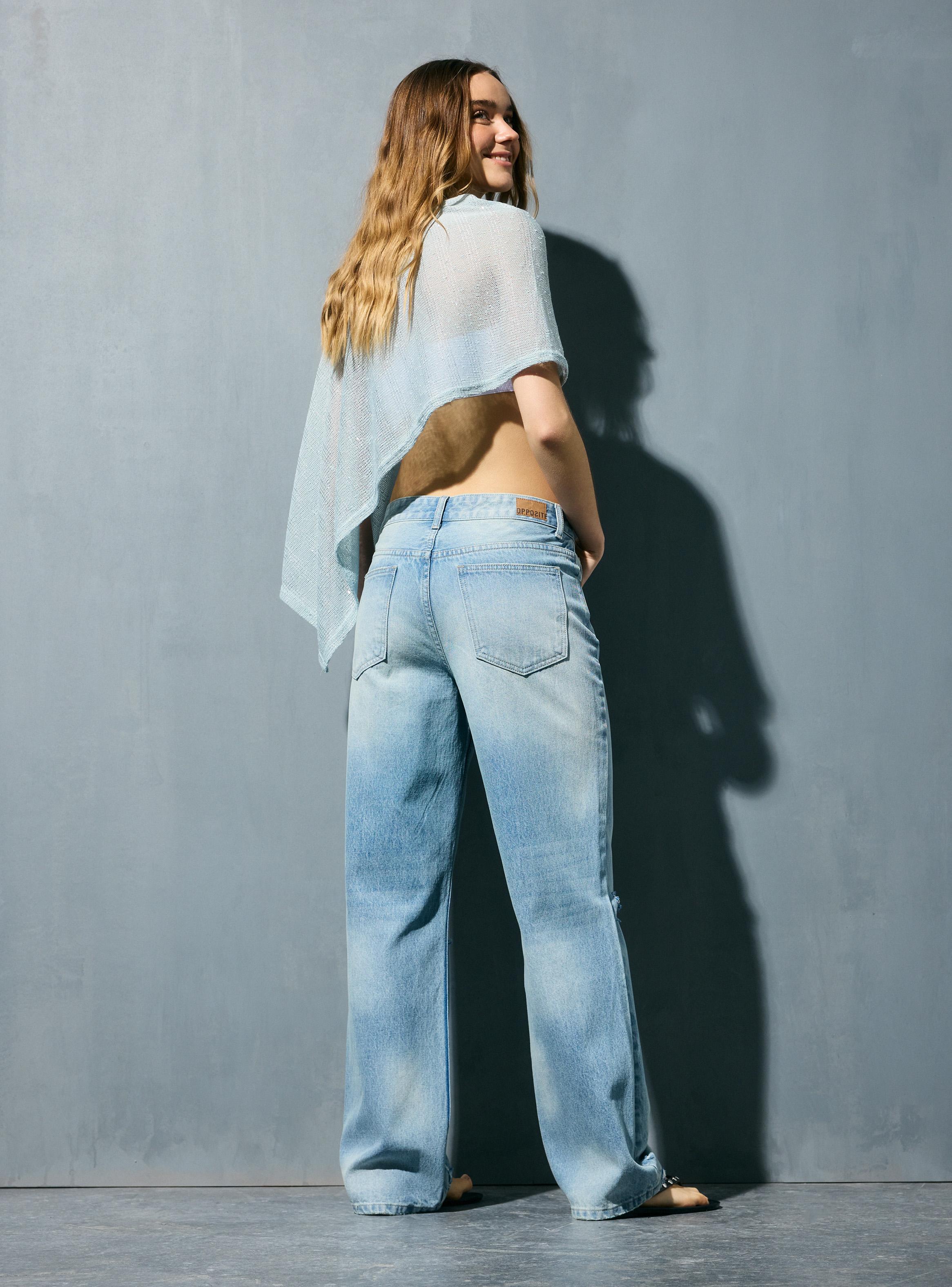Jeans Straight Tiro Medio con Roturas-5