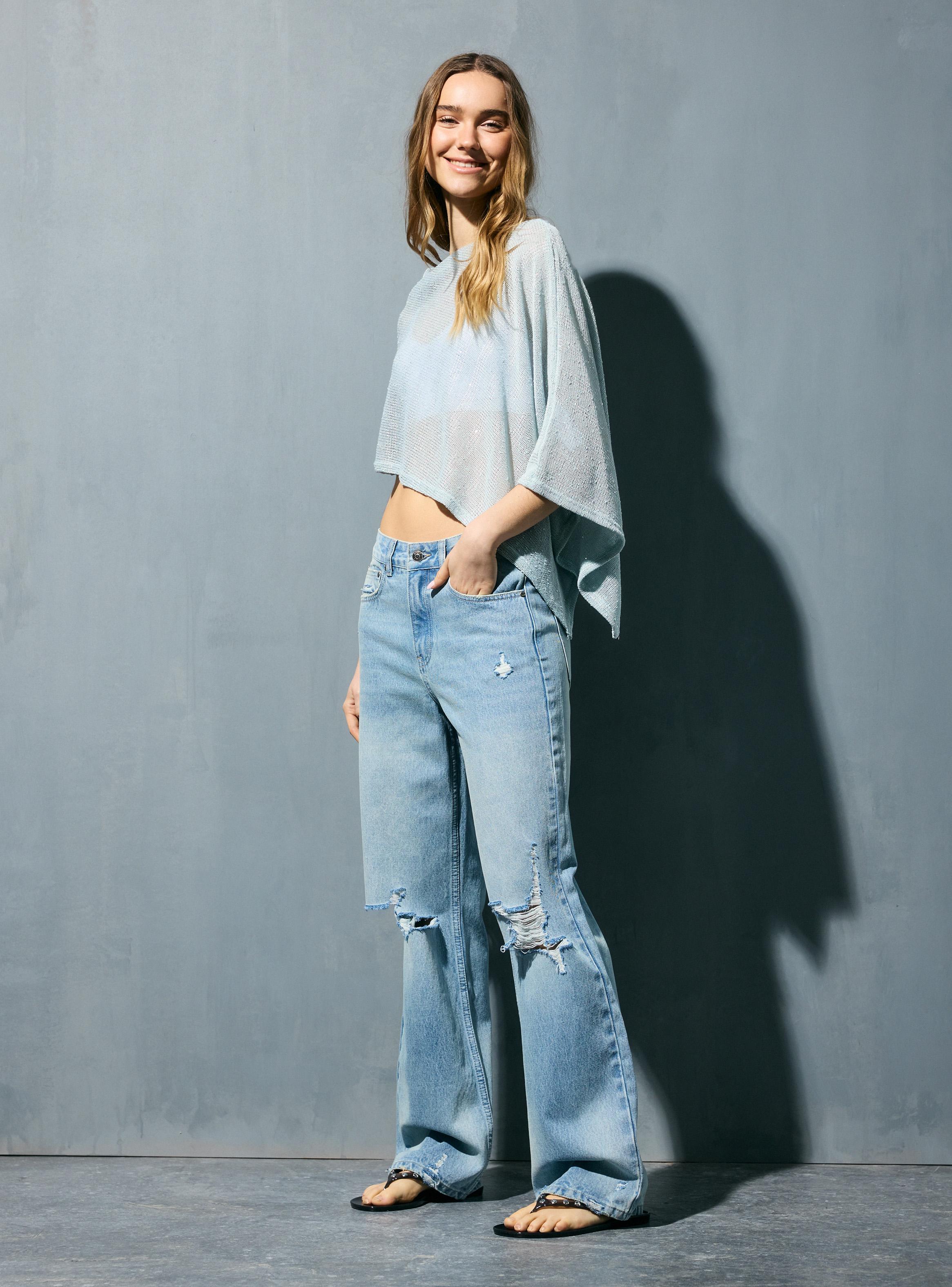 Jeans Straight Tiro Medio con Roturas-4