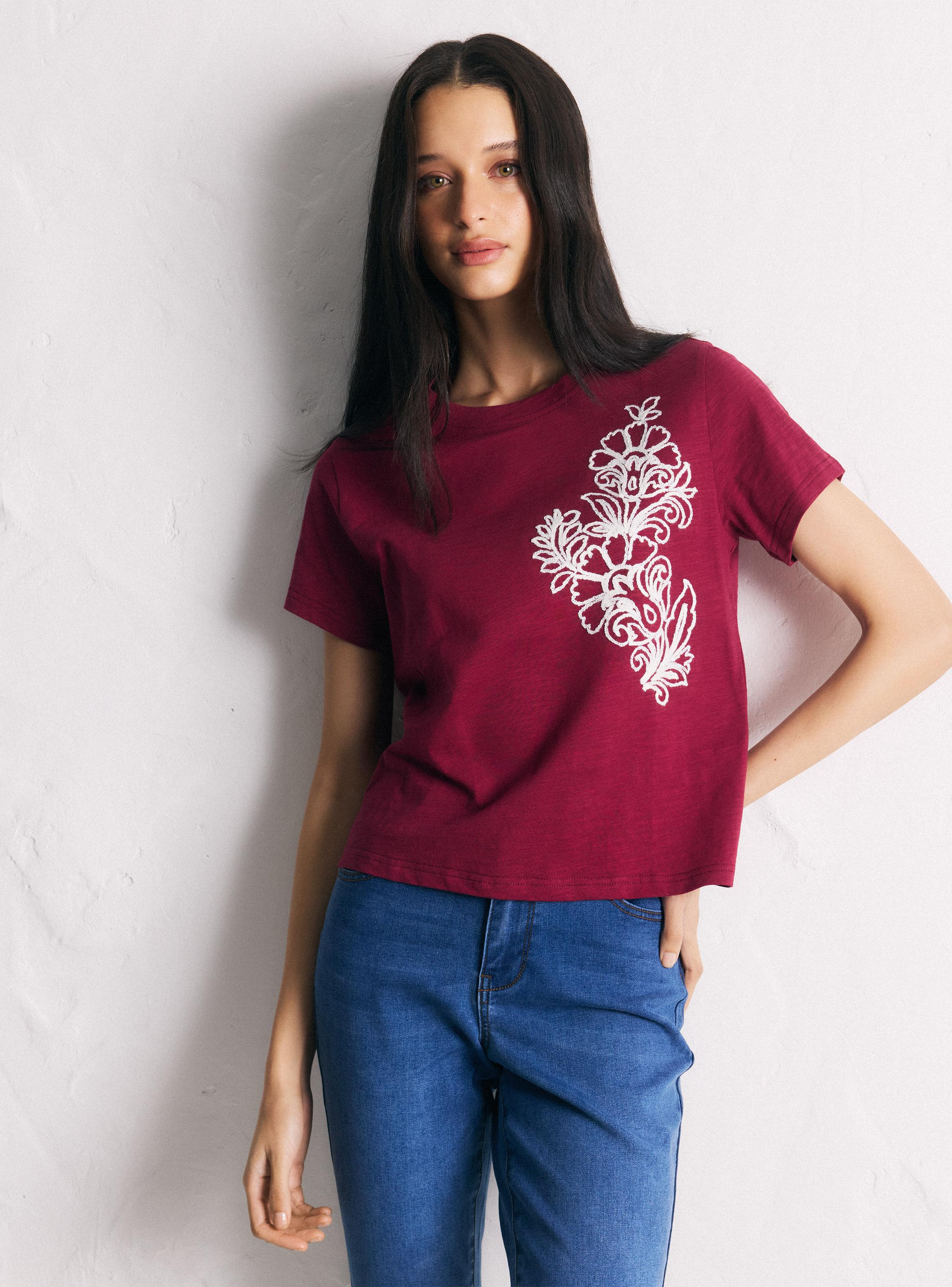 Polera Bordado Floral Manga Corta Cuello Redondo-0