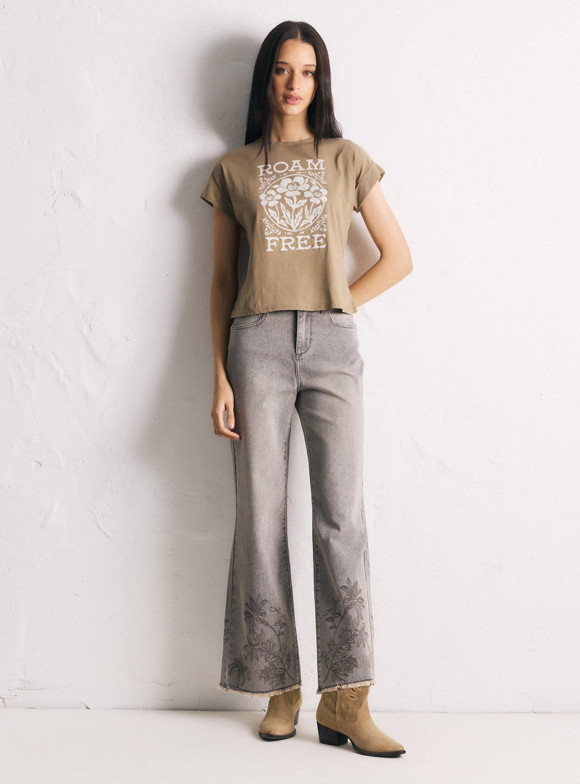 Jeans Wide Leg Alto Borde Deshilachado Elasticado-4