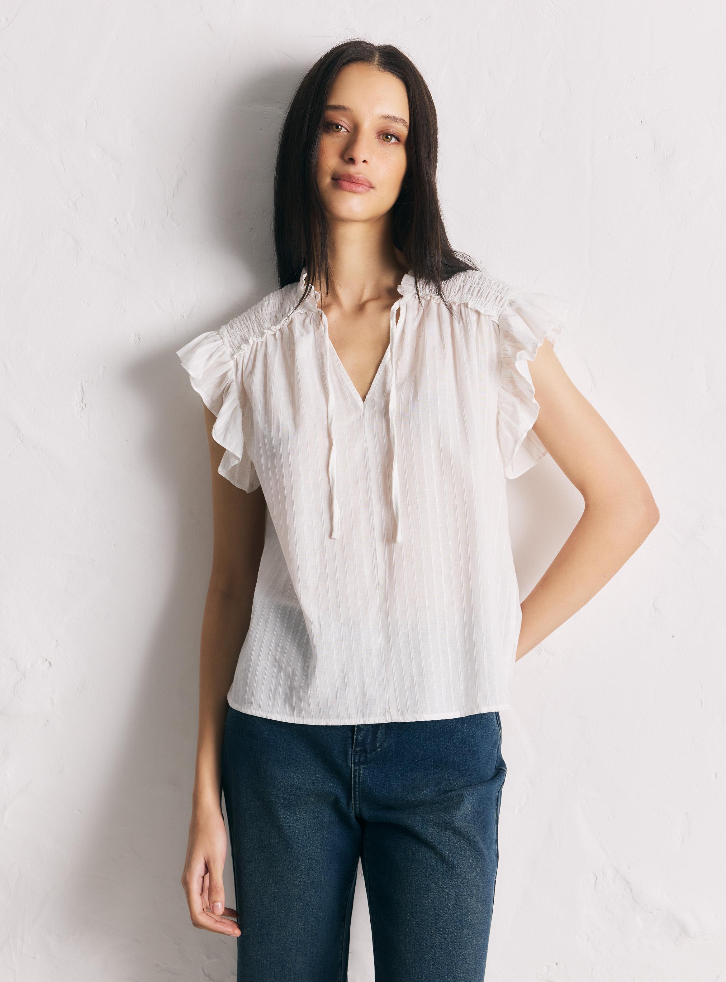 Blusa Cuello V Fruncido con Volantes con Amarras-0