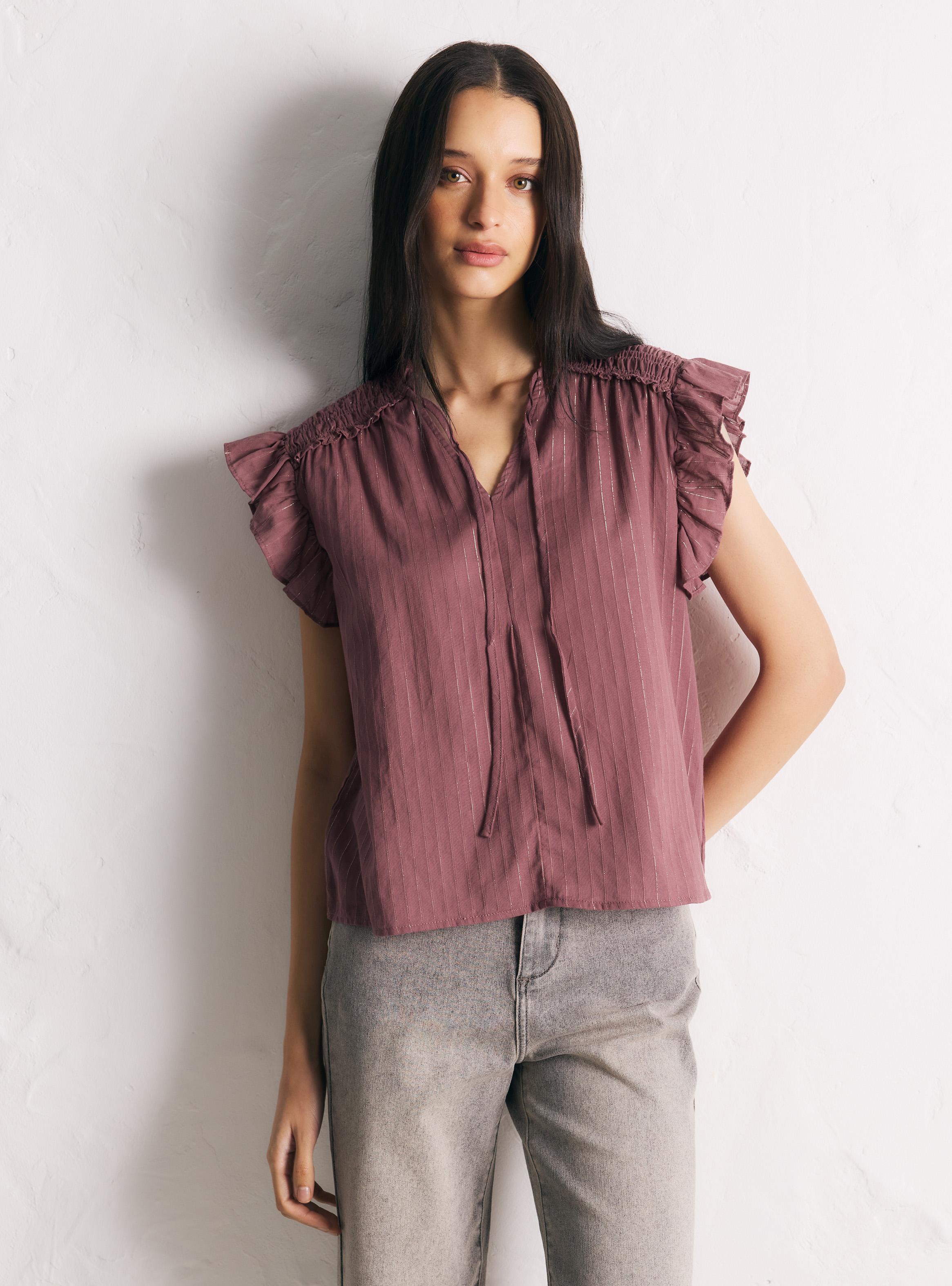 Blusa Cuello V Fruncido con Volantes con Amarras-0