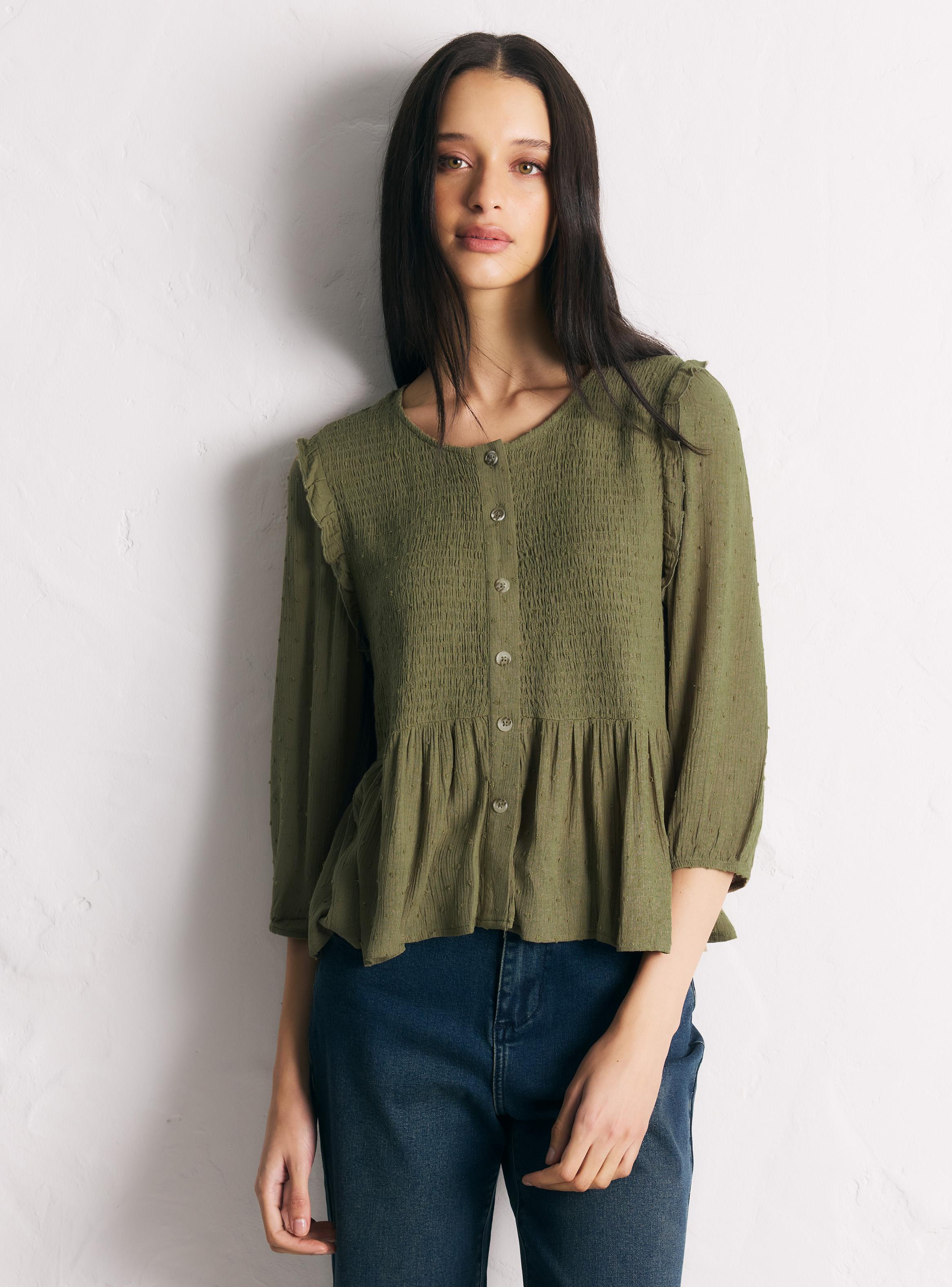 Blusa Cuello Redondo Botones Volado Mangas Globo-0