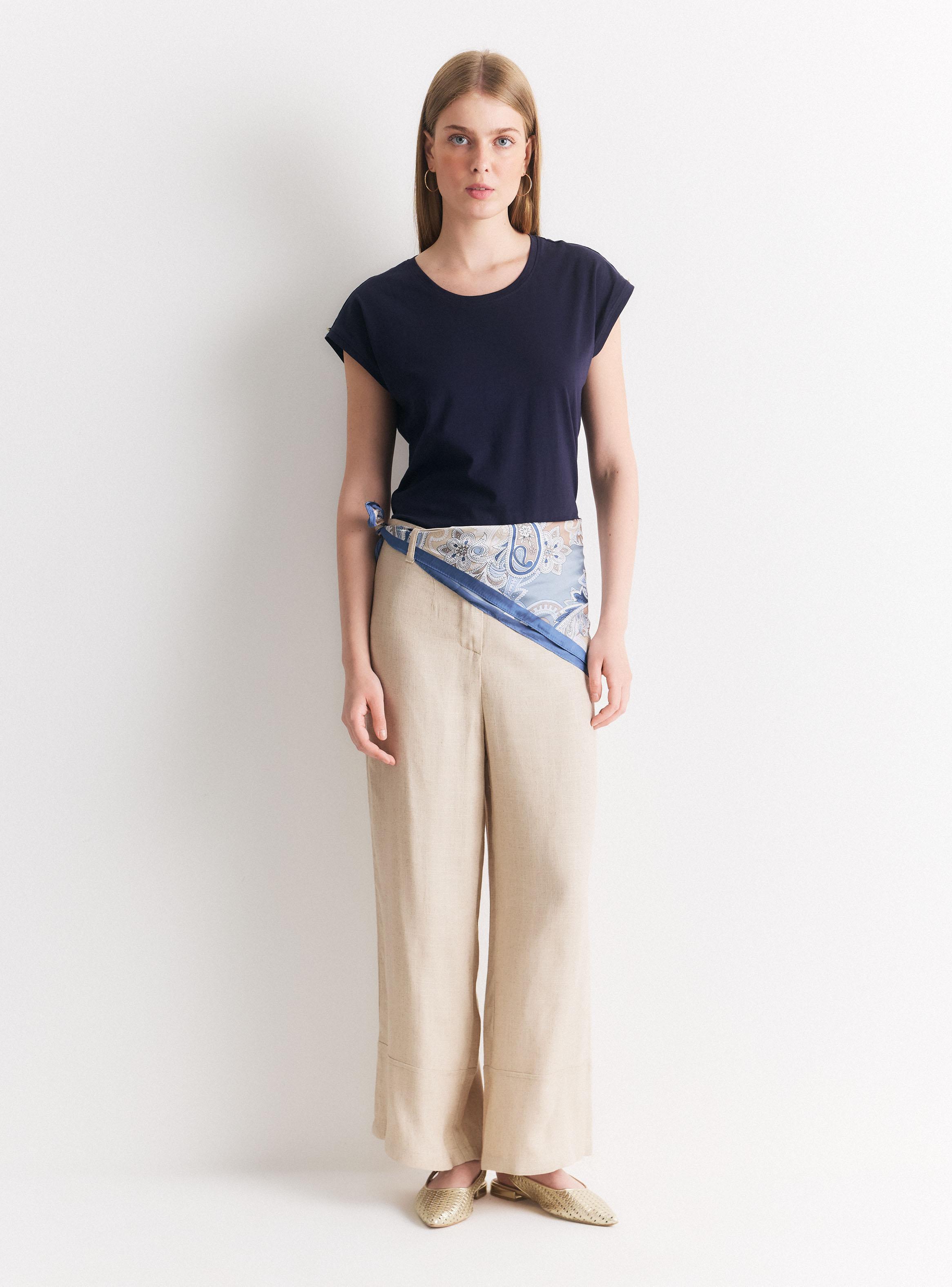 Pantalón Palazzo con Lino y Pañuelo Decorativo-4