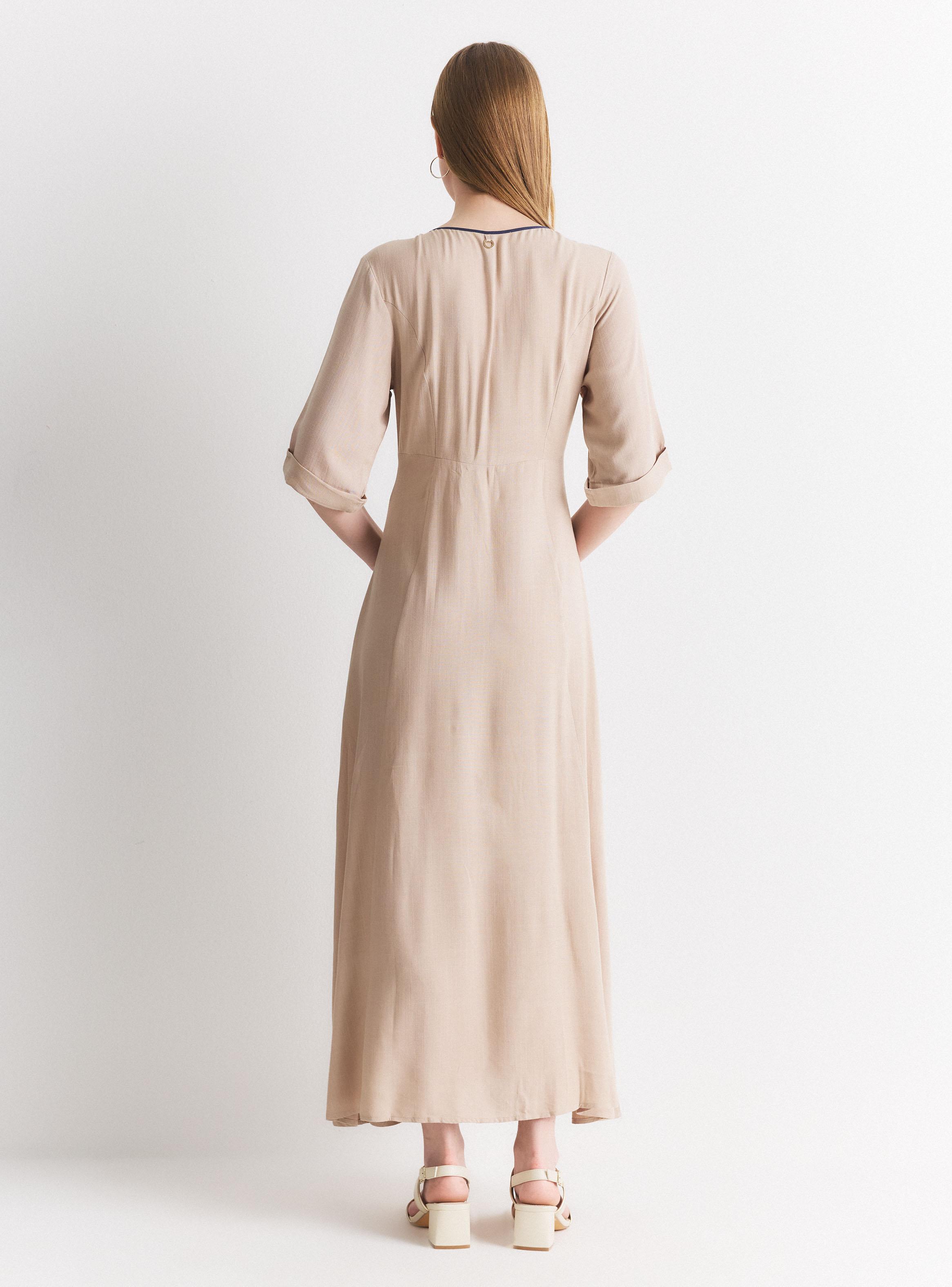 Vestido Maxi Cruzado Manga Corta Cuello V con Botones-5