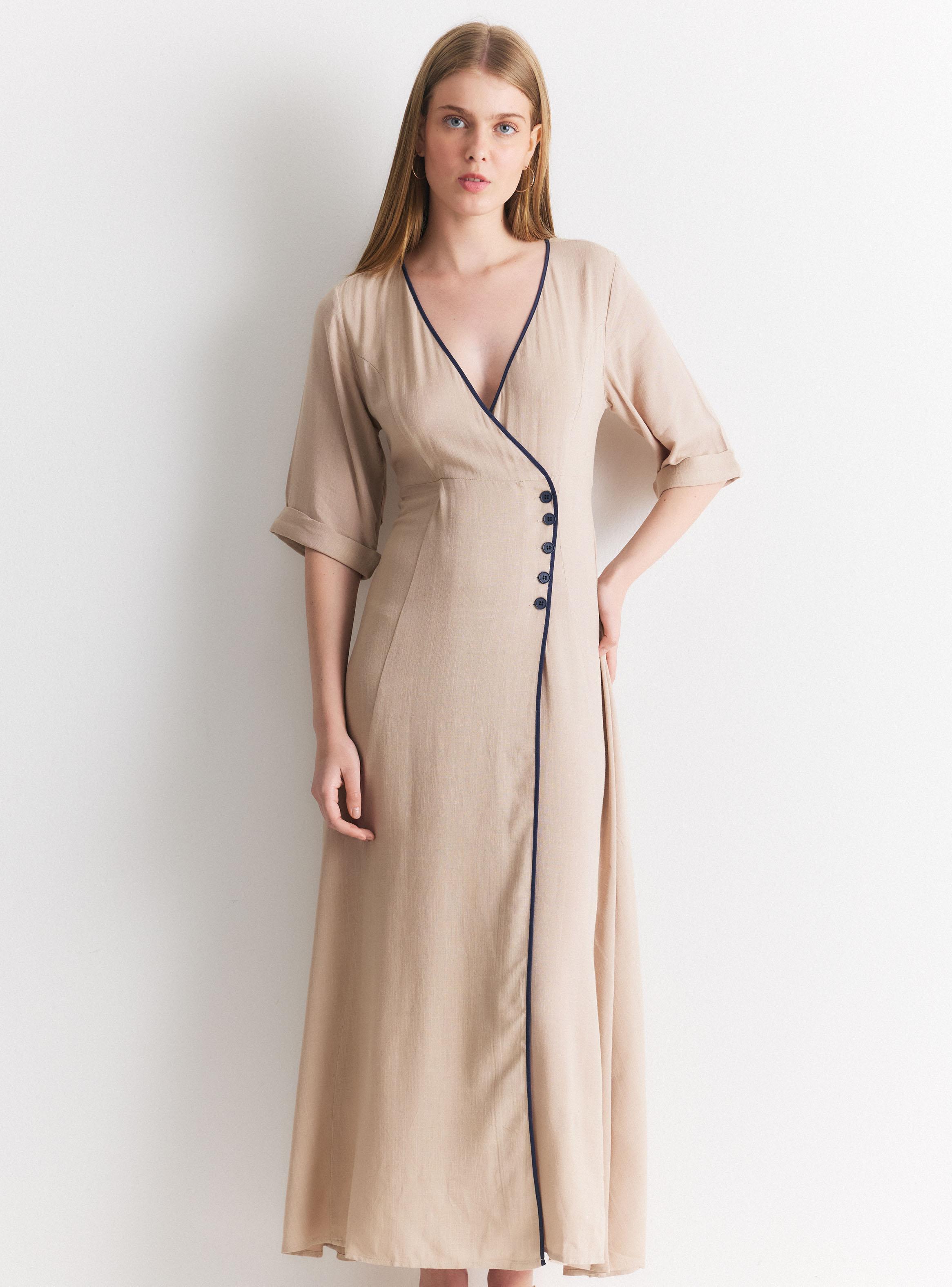 Vestido Maxi Cruzado Manga Corta Cuello V con Botones-0