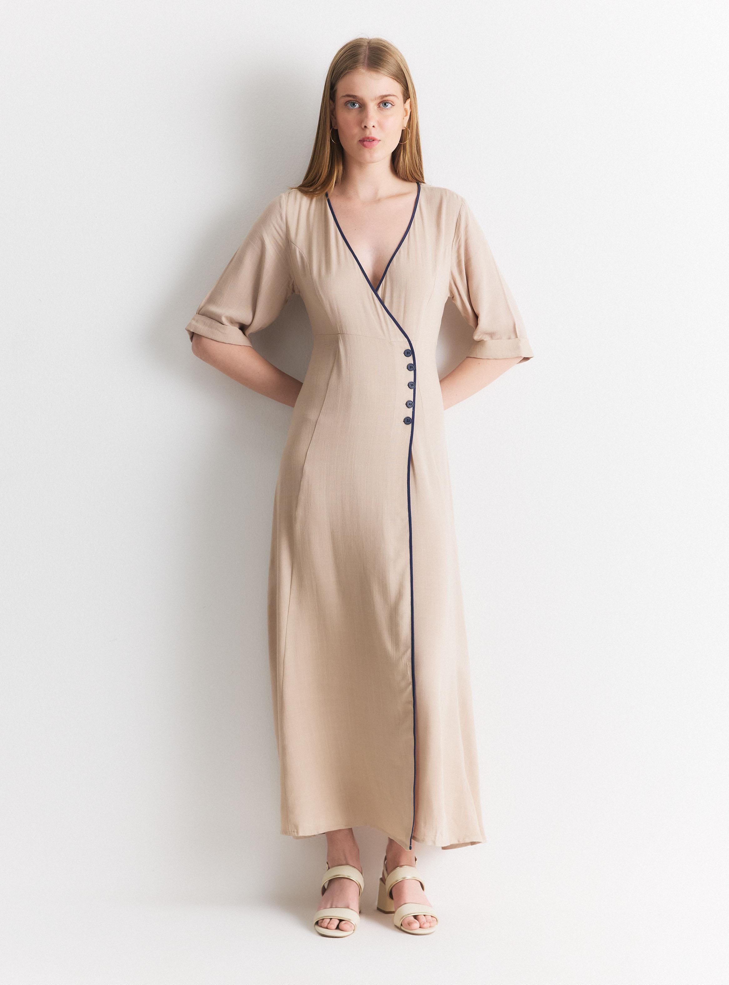 Vestido Maxi Cruzado Manga Corta Cuello V con Botones-4