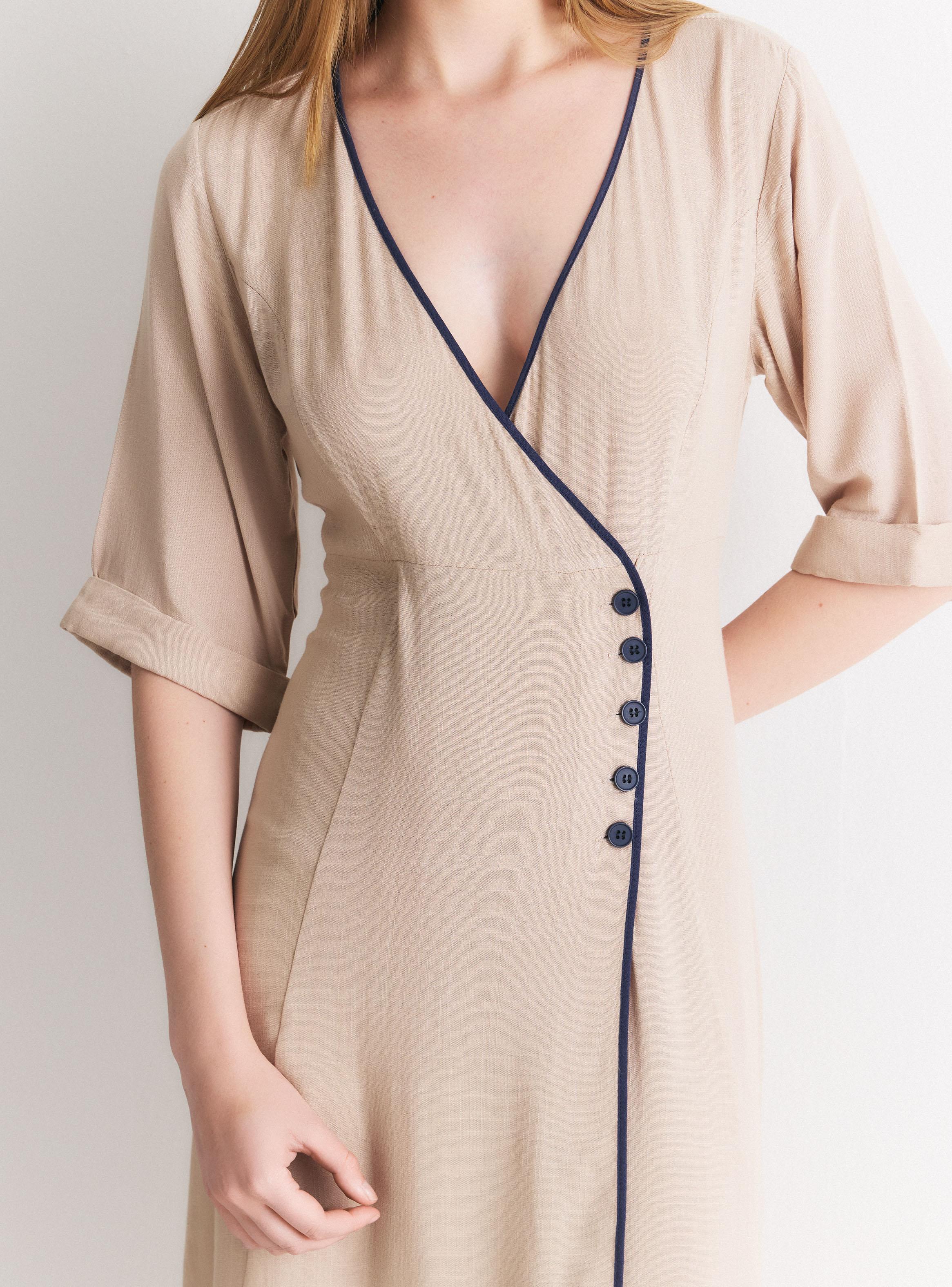 Vestido Maxi Cruzado Manga Corta Cuello V con Botones-3