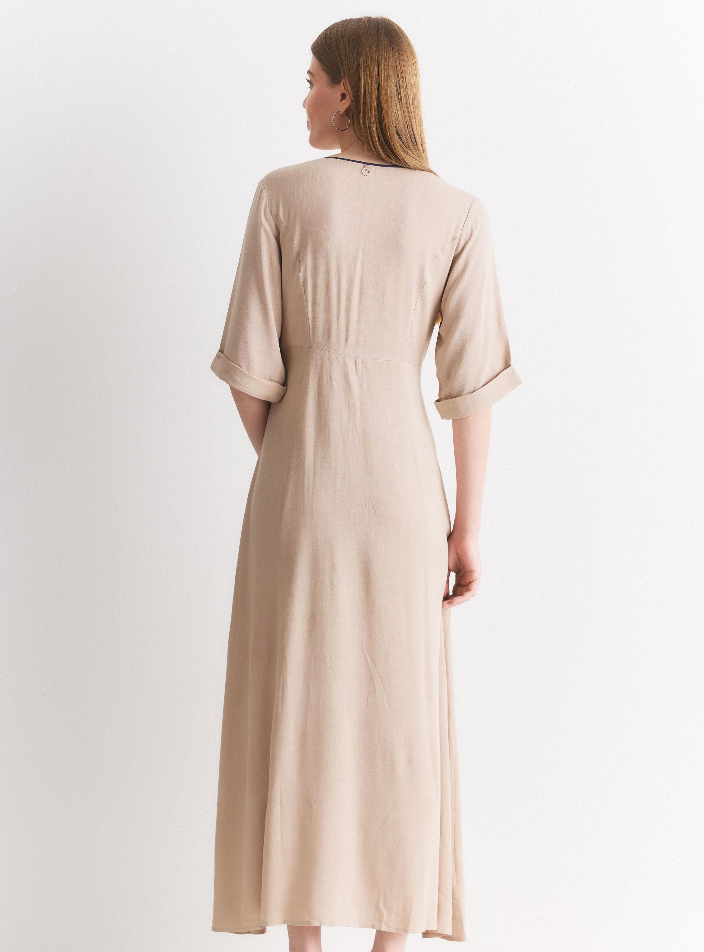 Vestido Maxi Cruzado Manga Corta Cuello V con Botones-1