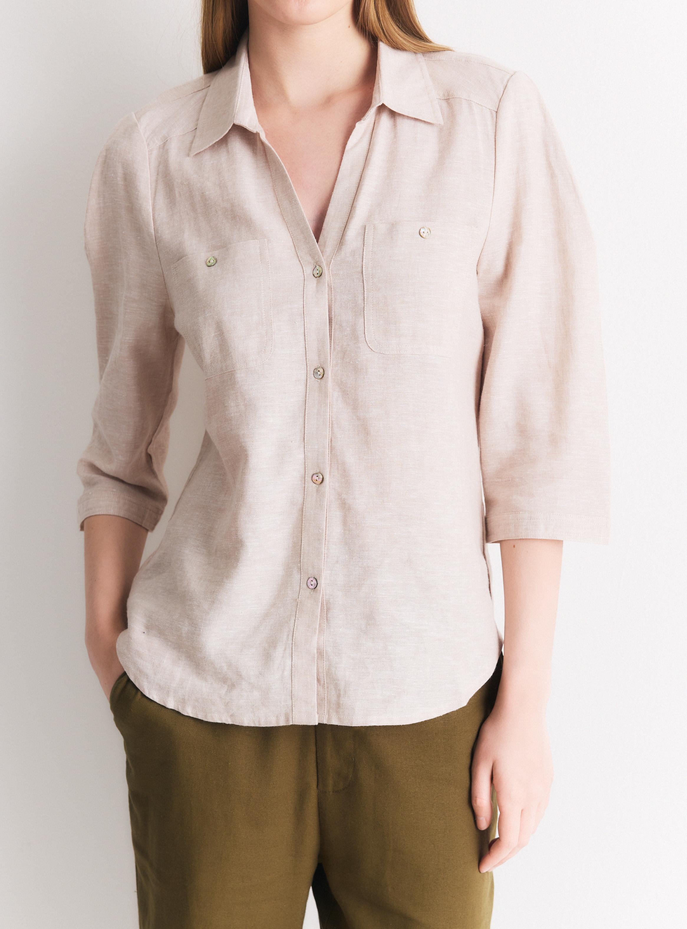Blusa con Lino Cuello Camisero Botones Frontales-3
