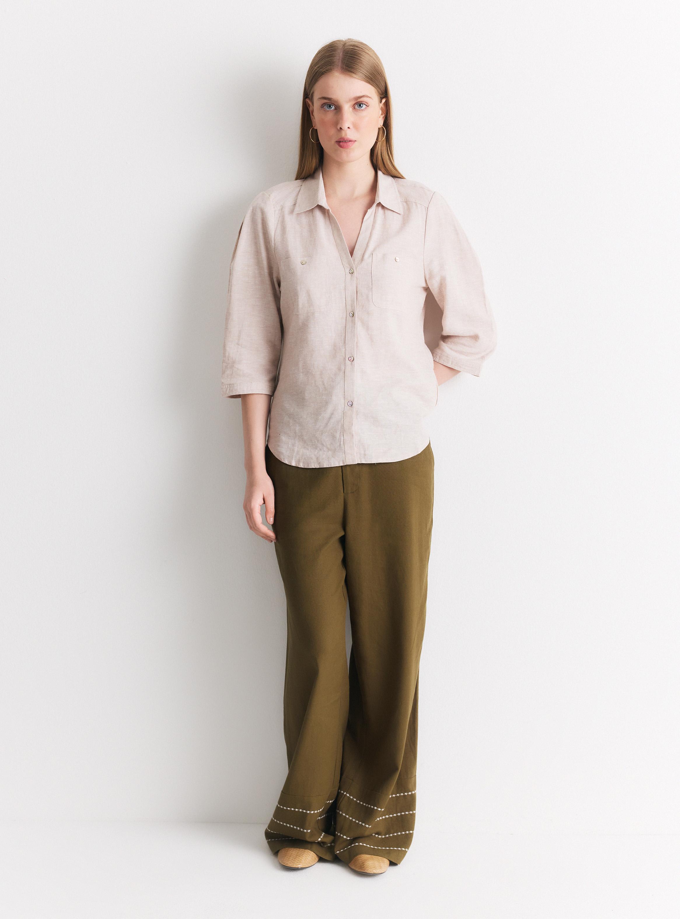Blusa con Lino Cuello Camisero Botones Frontales-4