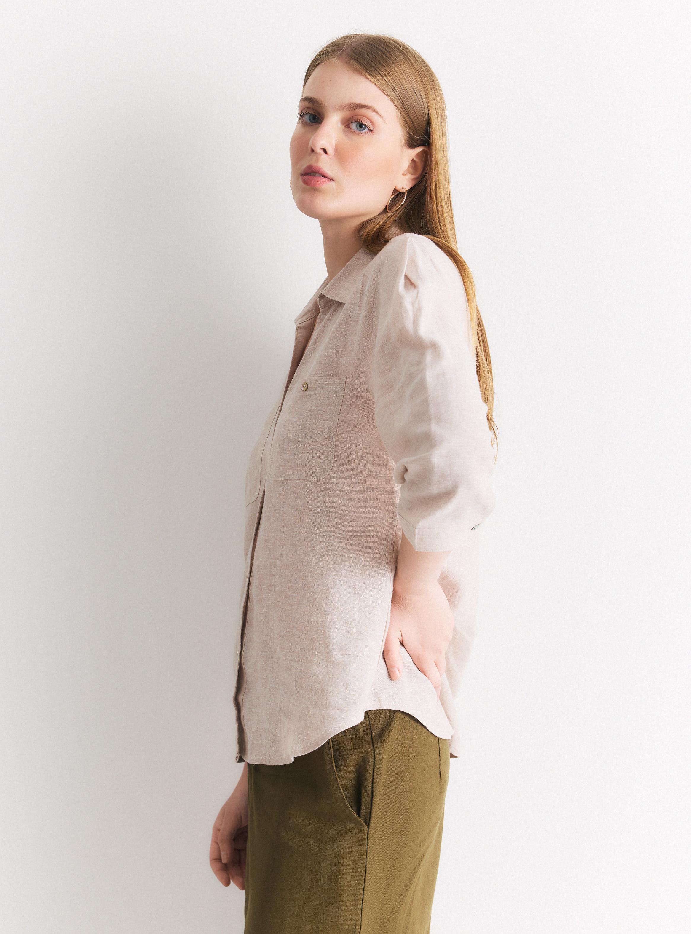 Blusa con Lino Cuello Camisero Botones Frontales-0