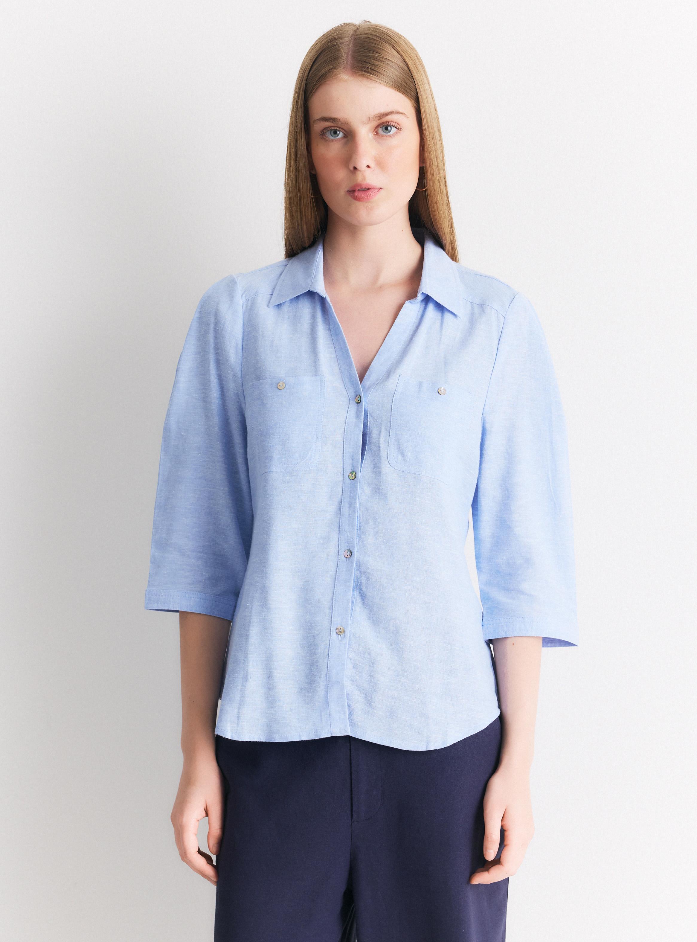 Blusa con Lino Cuello Camisero Botones Frontales-0