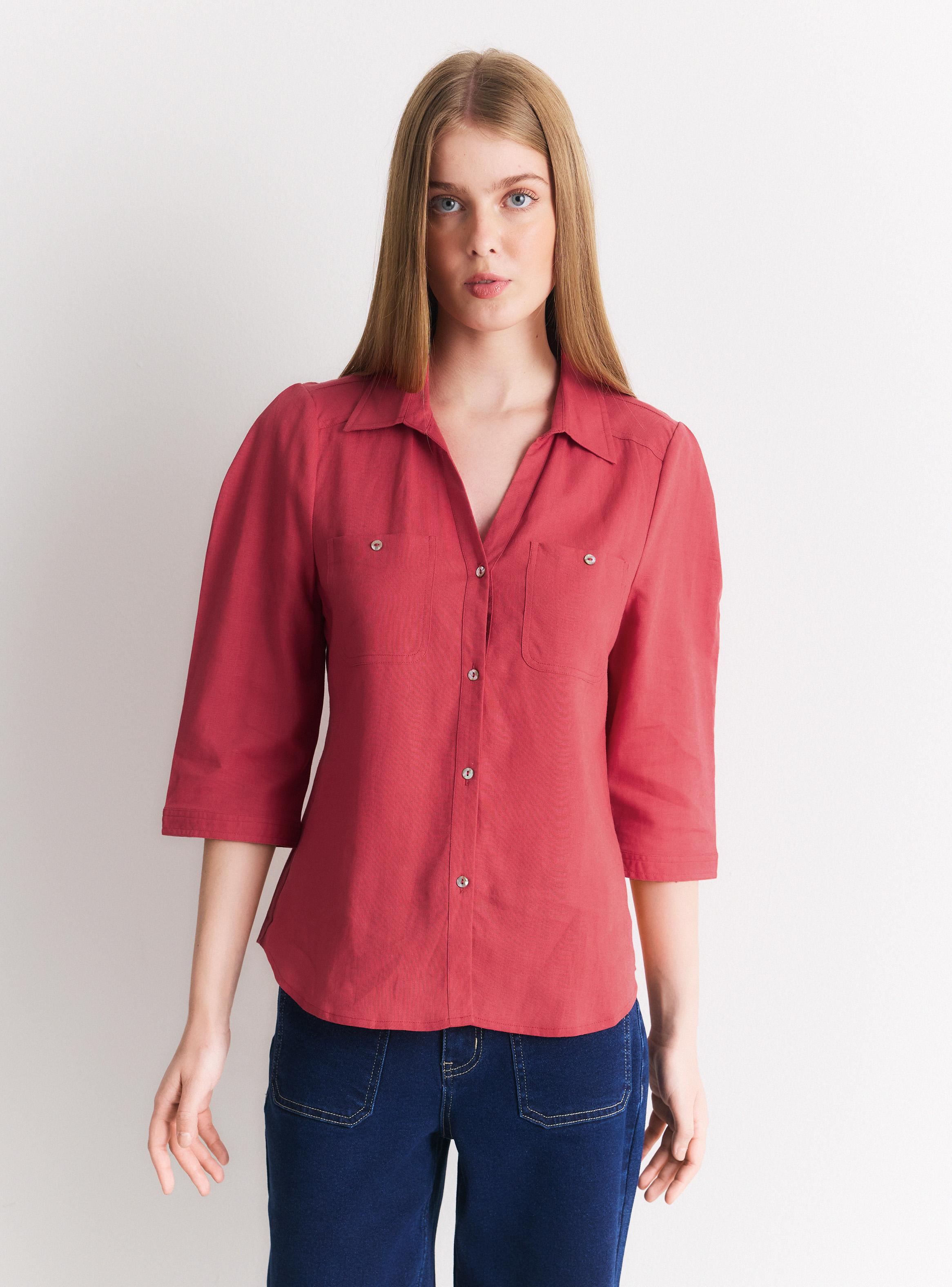 Blusa con Lino Cuello Camisero Botones Frontales-0