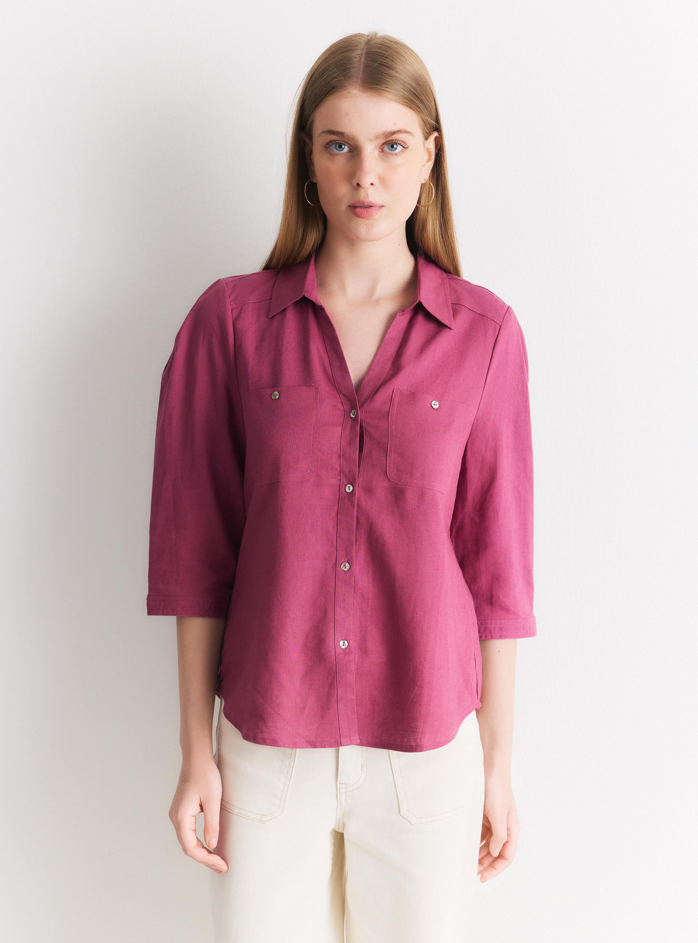 Blusa con Lino Cuello Camisero Botones Frontales-0