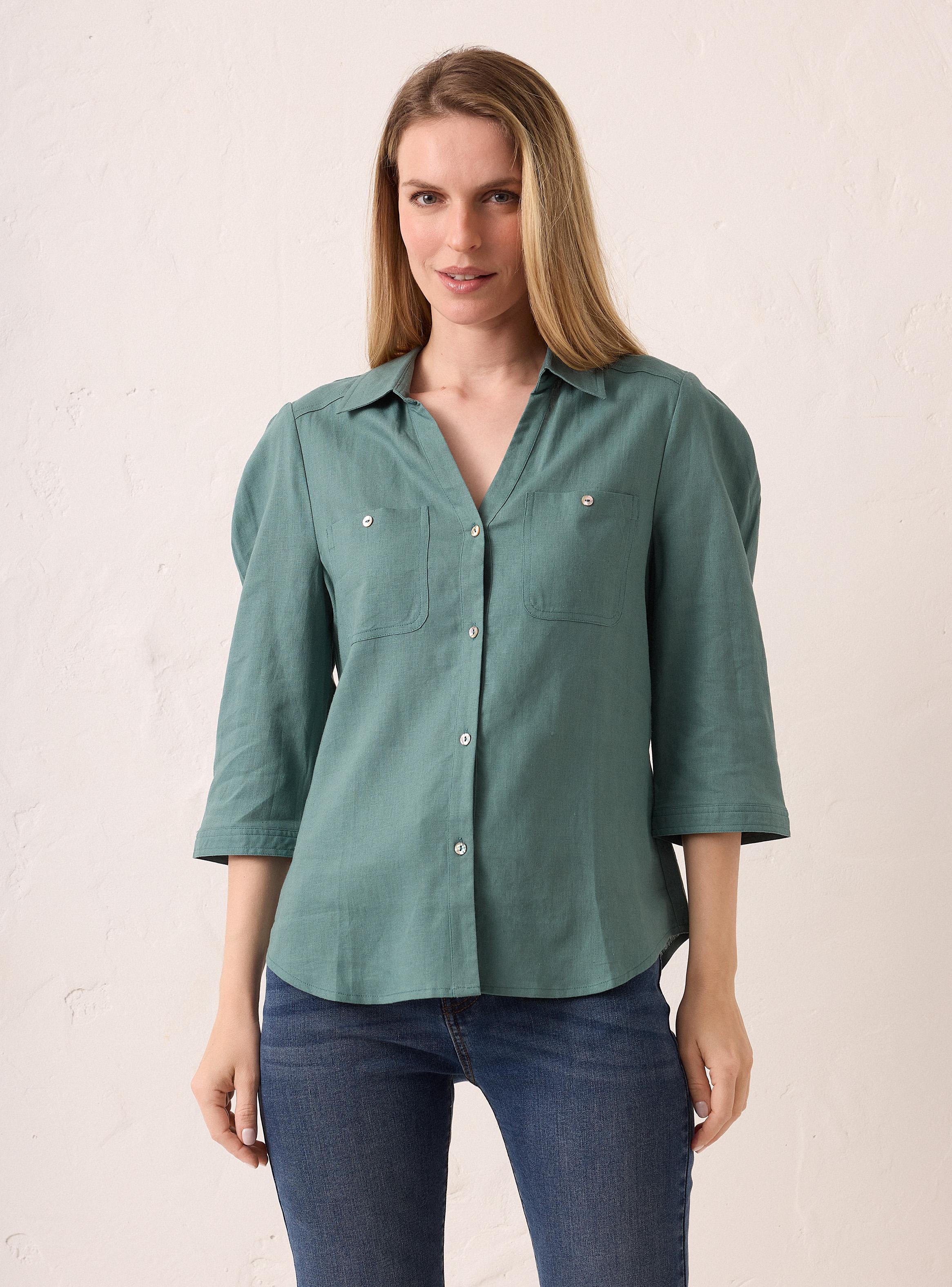 Blusa con Lino Cuello Camisero Botones Frontales-0