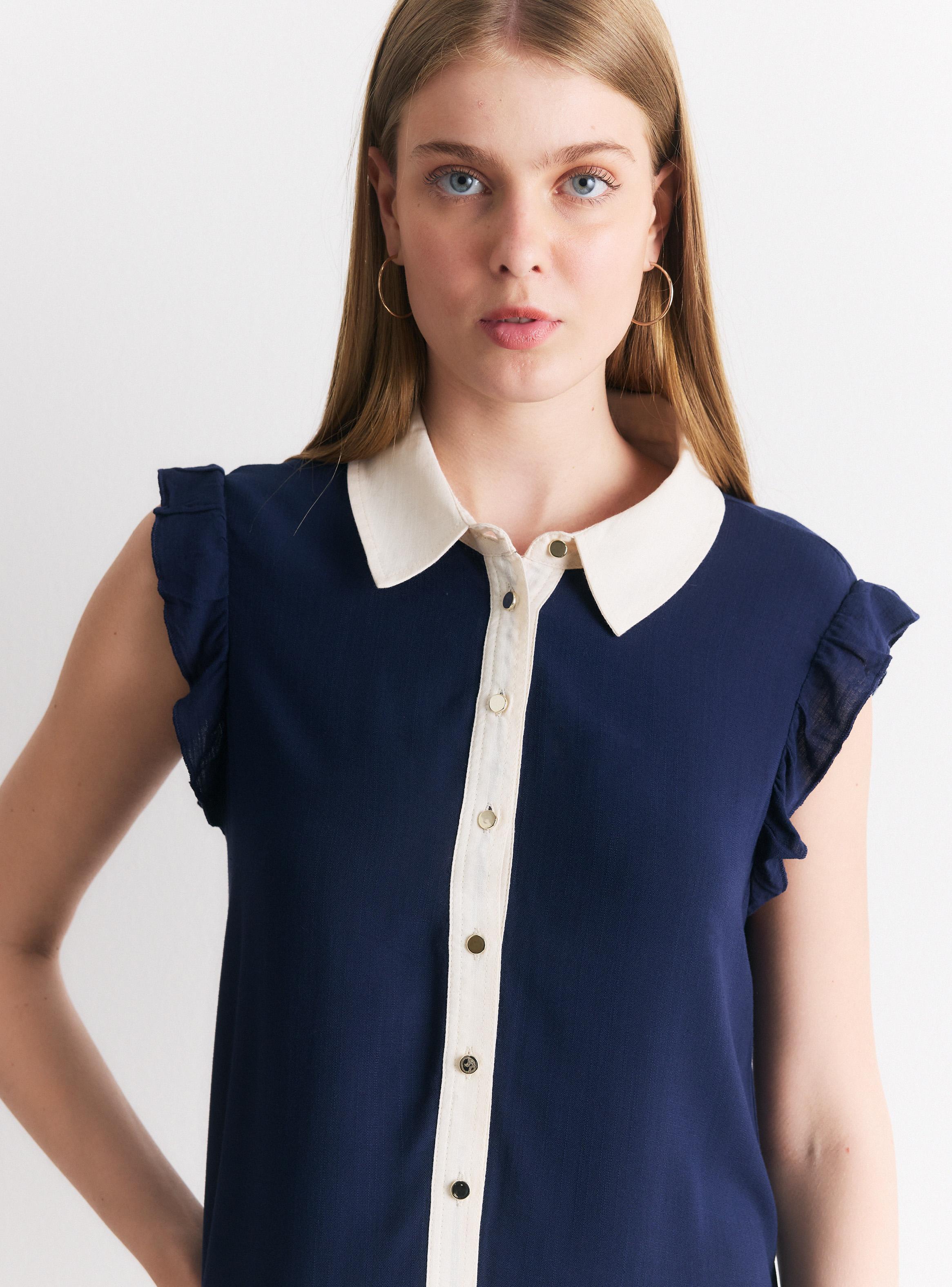 Vestido Manga Volado Cuello Camisero Contrastado-2